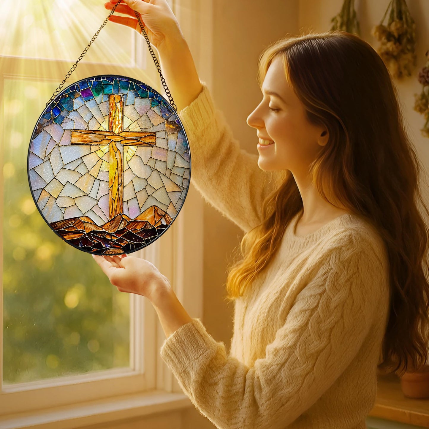 8-Inch Catholic Cross Stained Glass Suncatcher, Stained Glass Window Hanging, Religious Ornament, Christian Home Decor, Sun Catcher Window Decor — Gift for Christmas, Christian Gifts, Religious Gifts