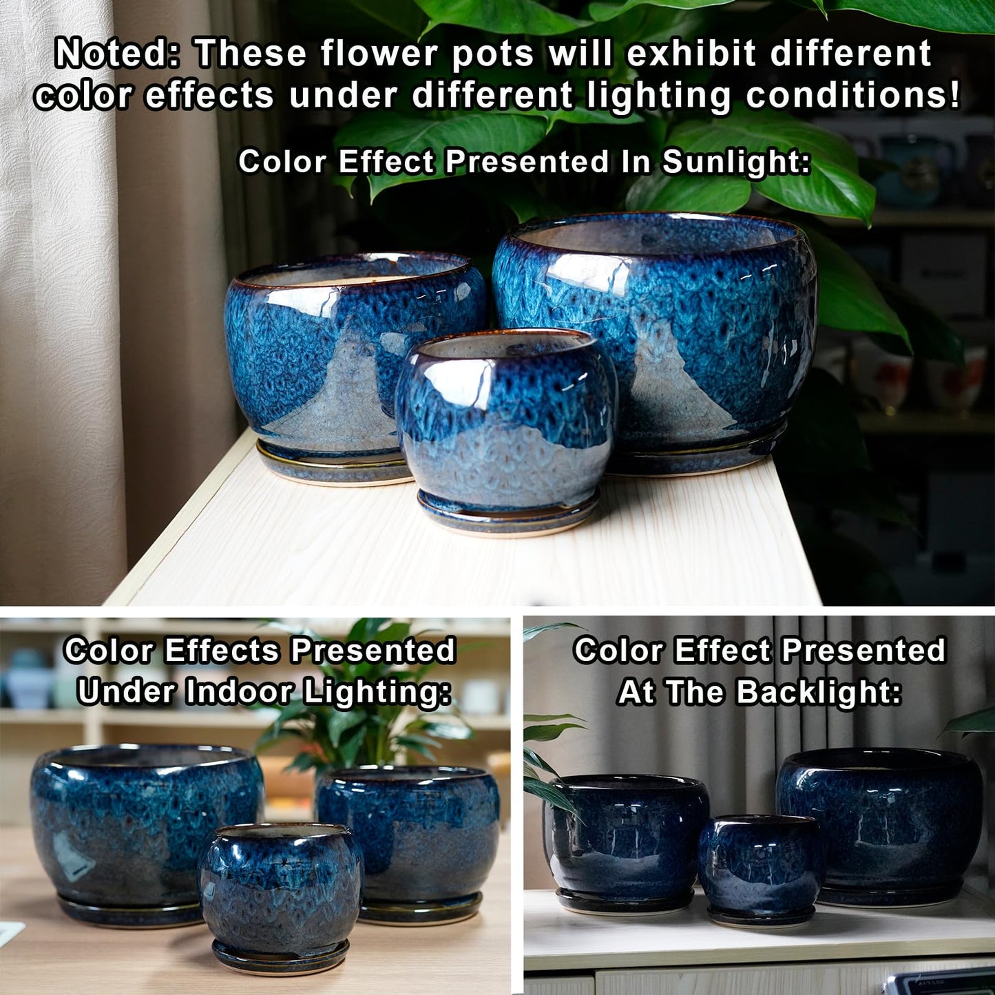 SQOWL Ceramic Planter 8 Inch - Pot for Indoor Outdoor Plants Round Ceramic Plant Pot with Drainage Hole and Saucer Modern Flower Pot Glazed Blue