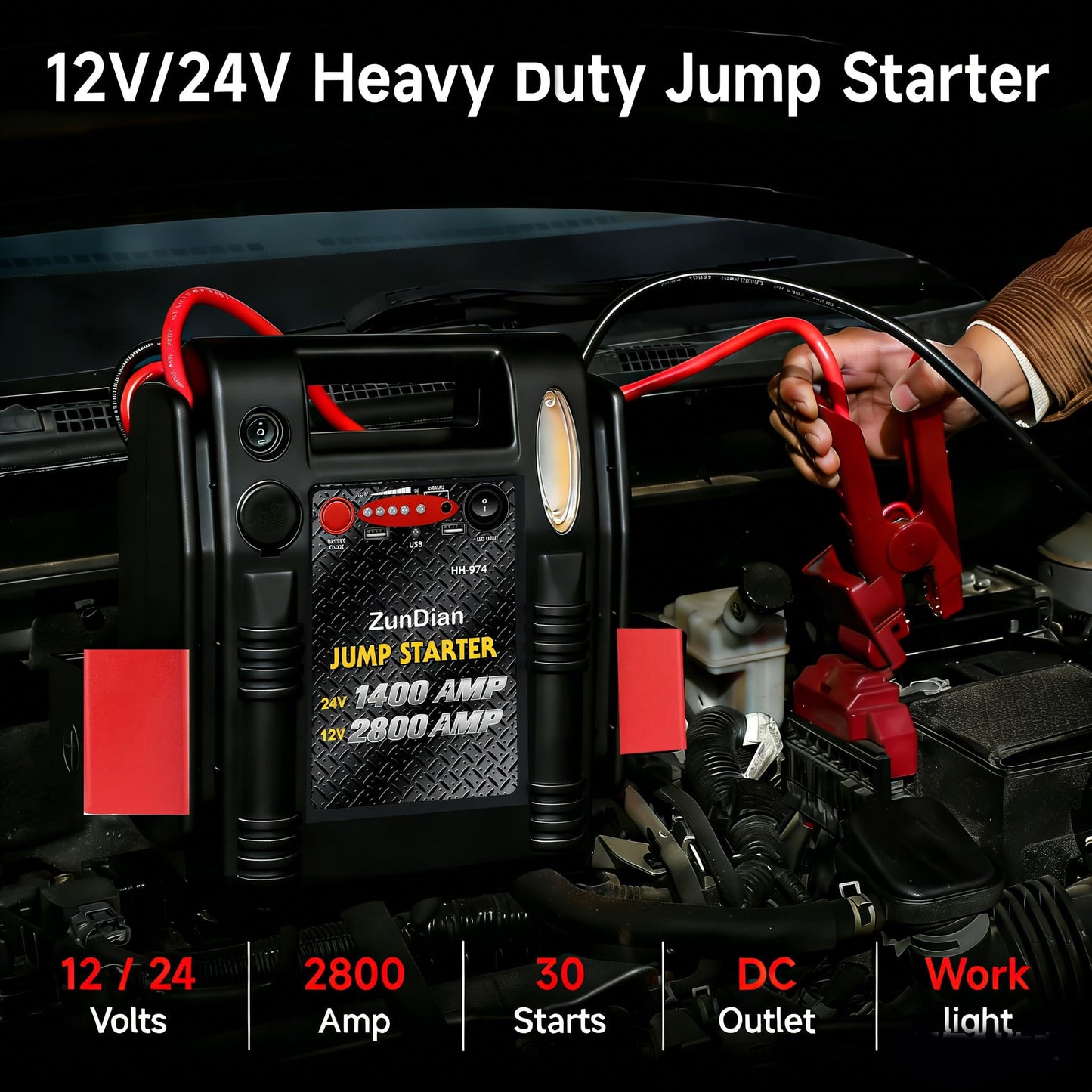 12V/24V Jump Starter - ZunDian 2800/1400 Amp Heavy Duty Jump Box, Works with Truck Tractor Excavator Automotive Engine Starter Battery Charger Booster Jumper Box with USB/DC Power Unit