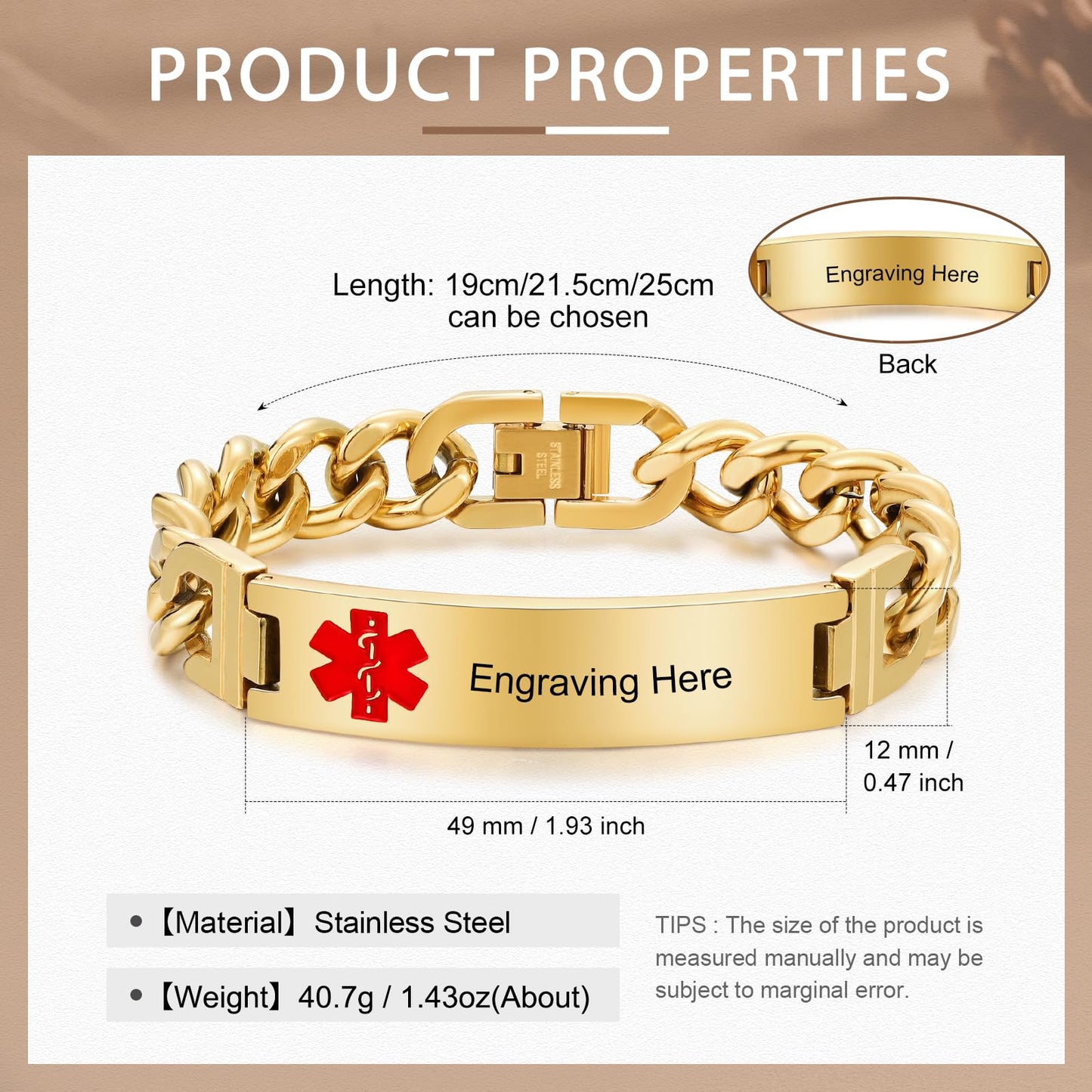 Bijouweled Medical Alert Bracelet for Women Men 7.5 to 9.8 Inches Emergency ID Bracelets Free Engraving Personalized Medic Alert Bracelet for Adult (Gold 7.5-9.8inch 3 sizes)