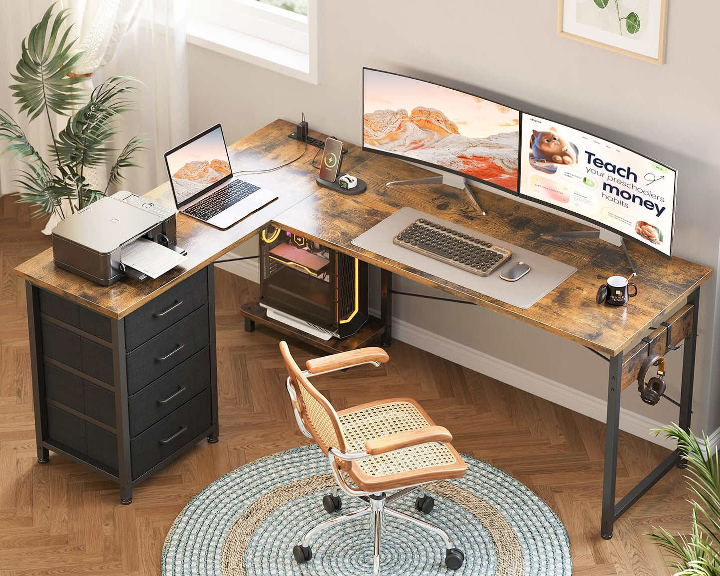 AODK L Shaped Desk with 4 Tier Drawers, 61" Reversible Gaming Desk with Power Outlets, L Shaped Computer Table with USB Charging Port and Host Stand, Home Office Table, Easy to Assemble, Vintage