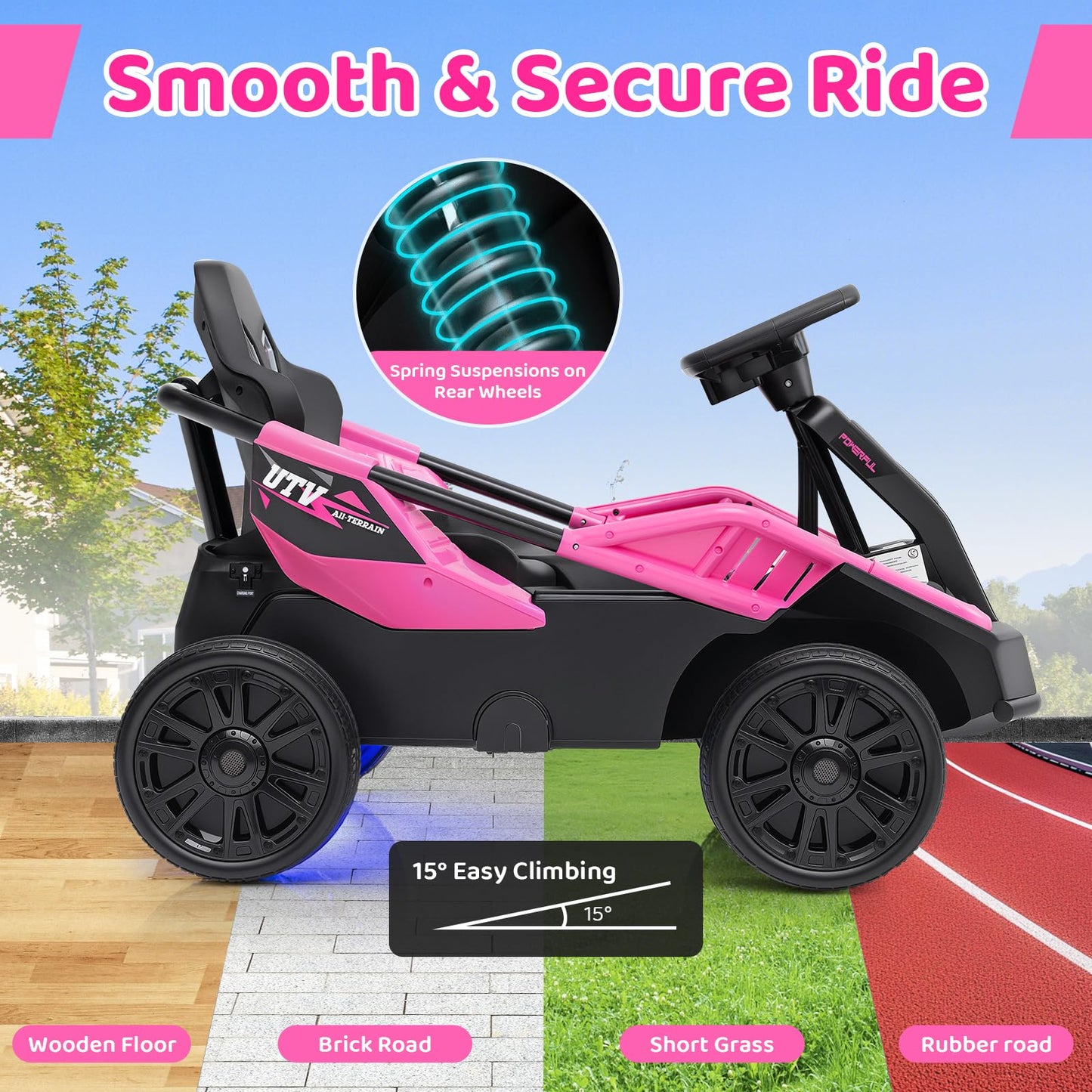 Costzon Electric Go Kart for Big Kids, 12V Ride on Race Toy Car w/Remote Control, LED Lights, 3 Speeds, 16" Wide Seat, Shock Absorbers, Horn & Music, Racing Kids Electric Kart for Boys & Girls (Pink)