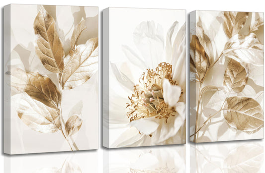 3 Pcs Modern White Floral Golden Leaves Canvas Wall Art Neutral Boho Beige Botanical Painting Pictures Nordic Wall Decor Posters Print Artwork for Bedroom Living room Office Home Decoration
