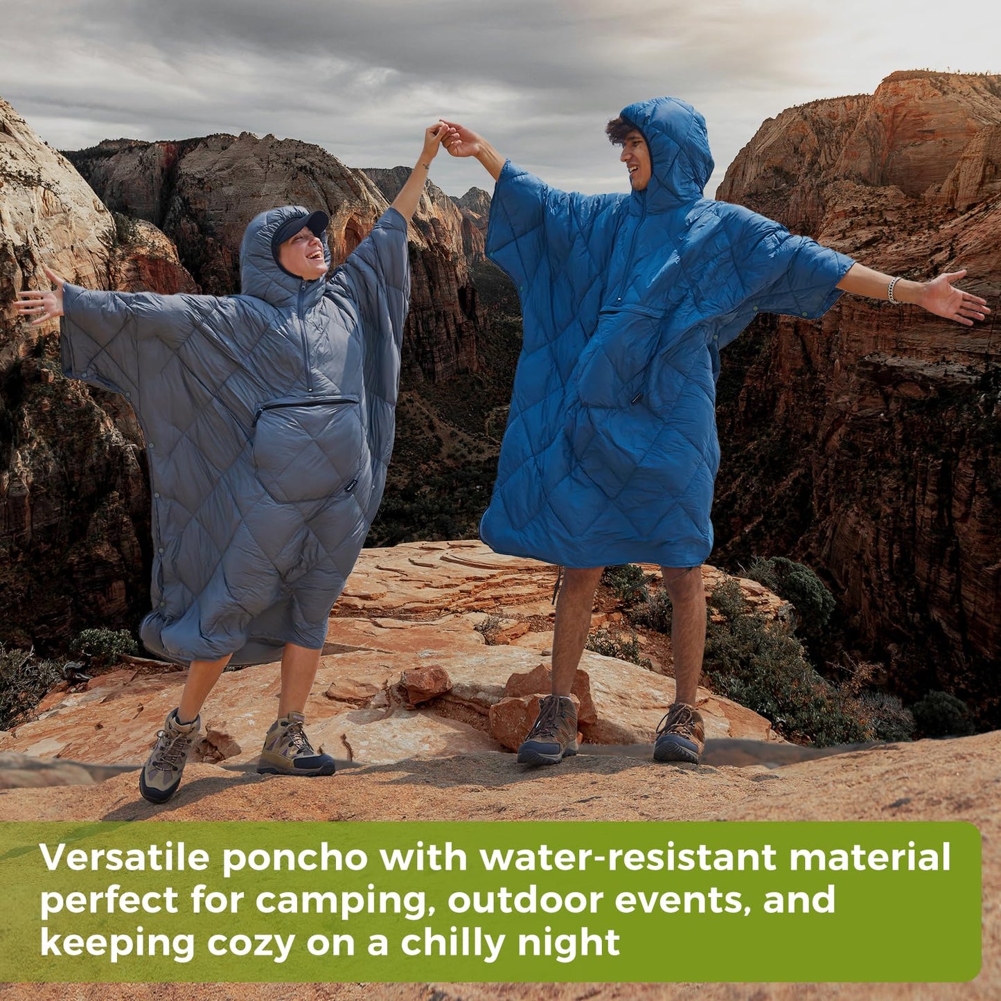ATEPA Wearable Sleeping Bag, Recycled Insulated Water-Resistant Camping Blanket Poncho, Ultralight Packable Hooded Stadium Blanket for Outdoor Sports Fishing Backpacking Hiking Cold Weather, Blue