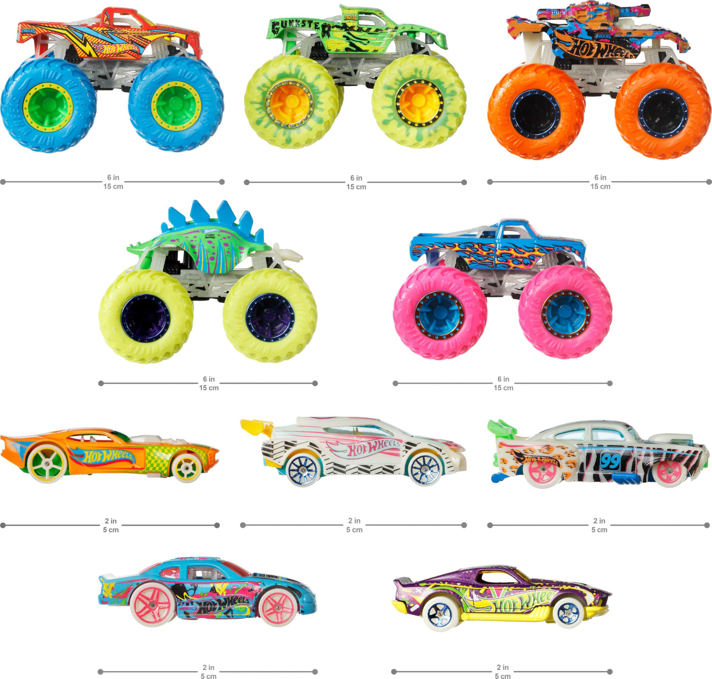 Hot Wheels Toy Monster Trucks 10-Pack of Glow-in-the-Dark 1:64 Scale Vehicles, GITD Set of 5 Trucks & 5 Cars, Play Vehicles for Kids & Collectors