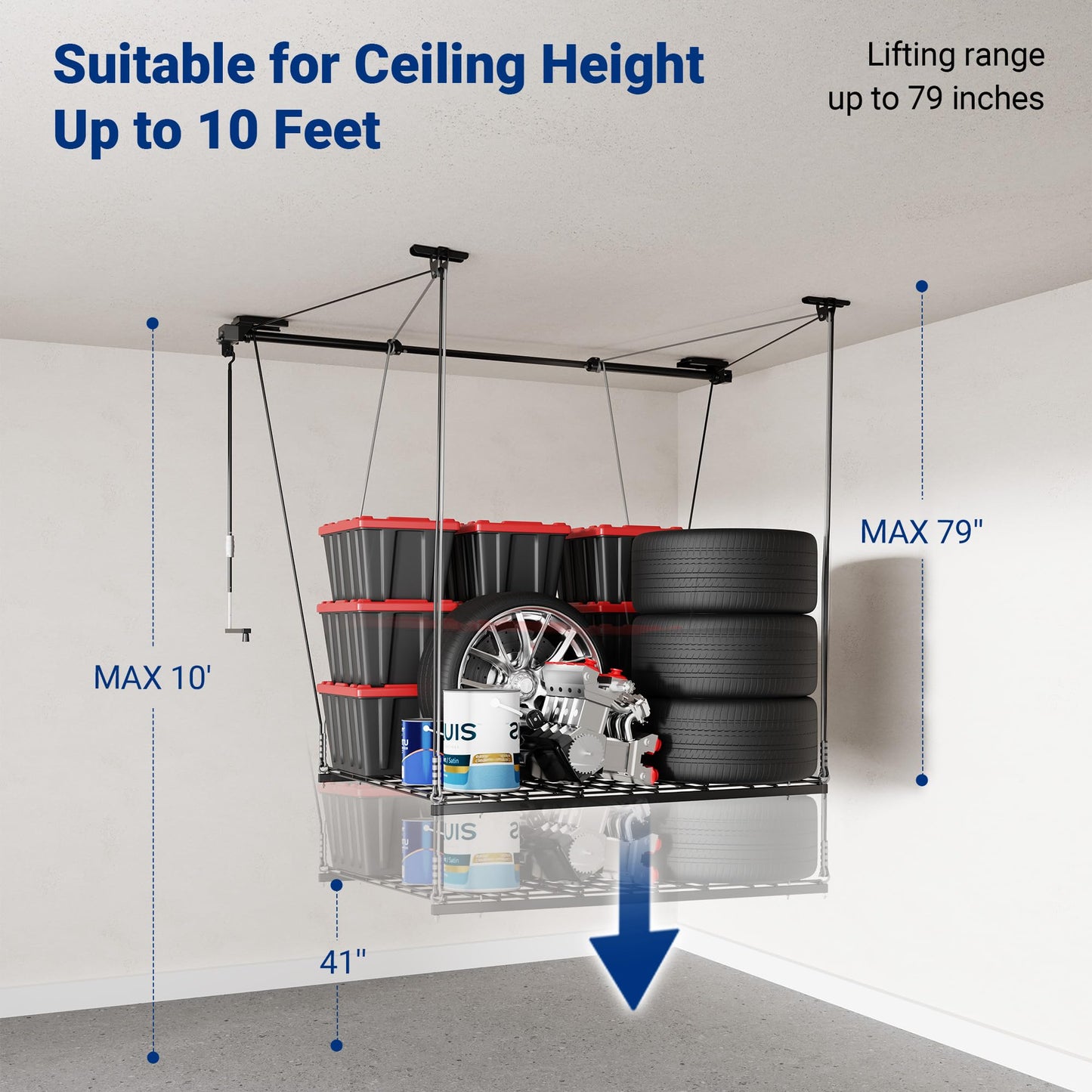 FLEXIMOUNTS Garage Ceiling Lifting Storage Rack, 4x4 Ft Heavy-Duty Metal Frame, Overhead Storage System With 350lbs Load Capacity, Matt Black