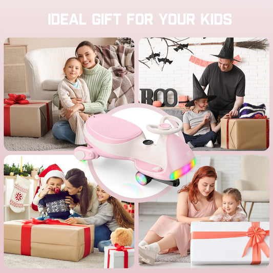 FanttikRide N7 Ultra Electric Wiggle Car, Ultra-Quiet Motor, Type-C Rechargeable, 2 Speeds up to 4 MPH, 9 Color LED Lights, Digital Display, Ride On Toy for Kids, Ages 3+, Pinkish White