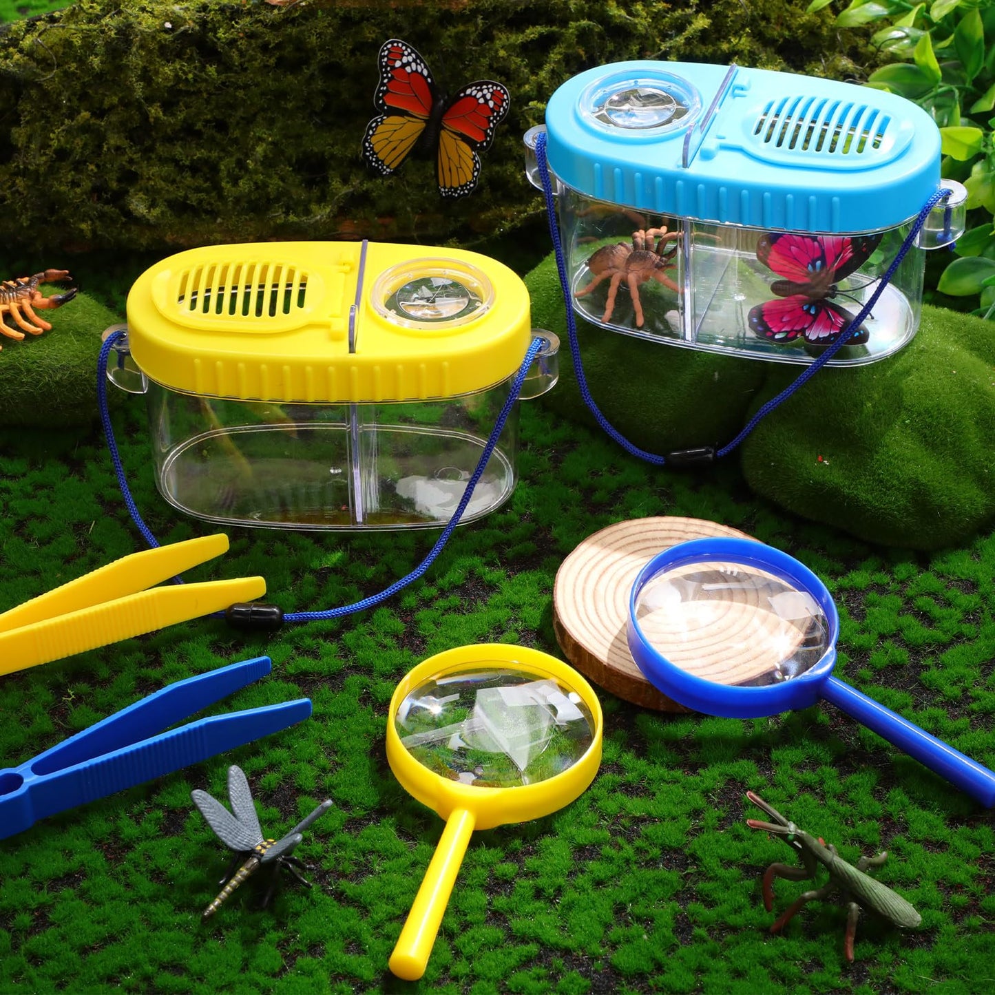 6 Pack Bug Catcher Kit for Kids Bulk Insect Habitat Viewer with Magnifying Glass Vents Portable Bug Collection Cage with Lanyard Nature Outdoor Explorer Set for Boys Girls Birthday Gift(Yellow，Blue)