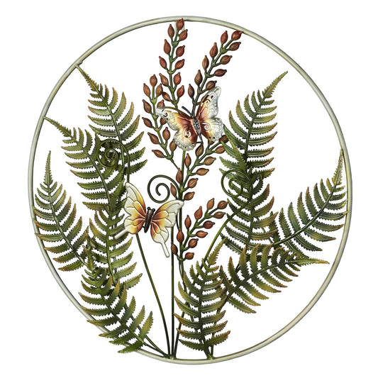 Fern Leaf Nature Metal Wall Sculpture | Handpainted Green, Brown, Ivory, and Gold Earth Tones | Dimensional Textured Botanical Fern Frond Round Wall Art | Textured Metallic Butterfly Circle Wall Decor