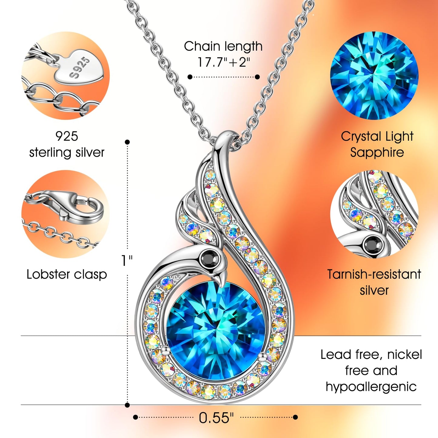 Kate Lynn Phoenix Necklaces for Women, Birthday Gifts for Women Wife Christmas Mothers Day Gifts for Mom Daughter 925 Sterling Silver Necklace Sapphire Crystal Jewelry Lady Present