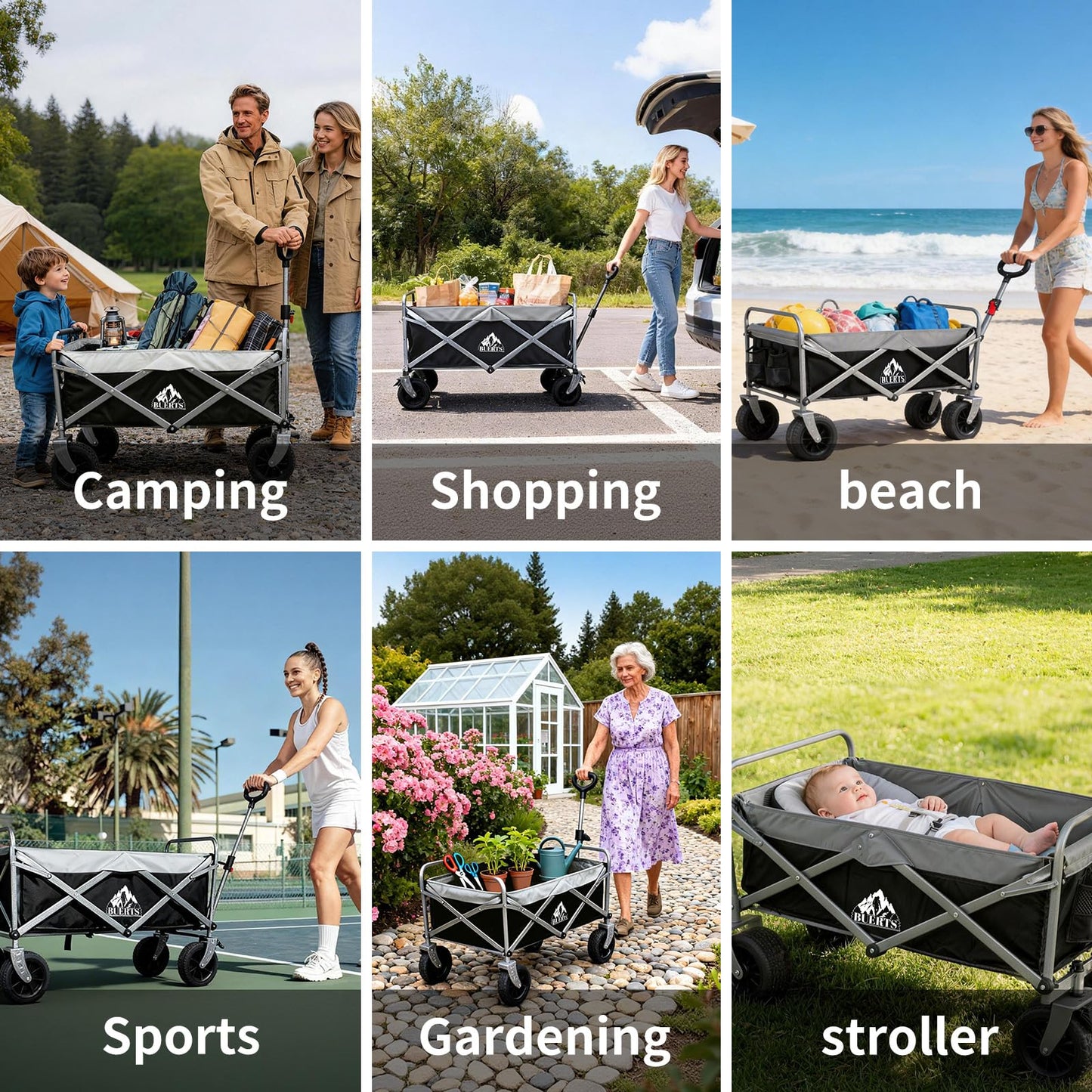 BUERTS Collapsible Wagon - 600LBS Heavy-Duty Large Capacity Foldable Utility Cart, Oversized All-Terrain Wheels, 3-Second Quick Fold Beach Wagon for Camping, Gardening, Beach & Backcountry Trip（BLACK）