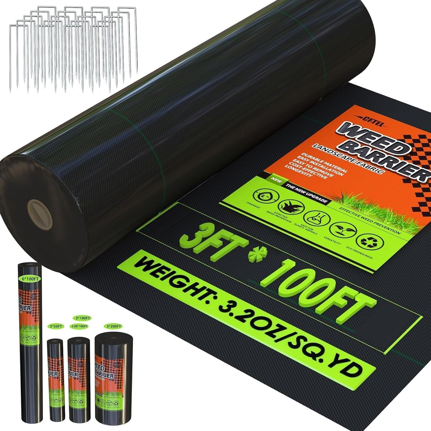 CFTEL 3x100FT Weed Barrier Landscape Fabric Heavy Duty, 3.2oz Durable Geotextile Fabric, Block Gardening Ground Cover Weed Mat, Weed Control Garden Cloth for Landscaping, French Drains, Yard Driveway
