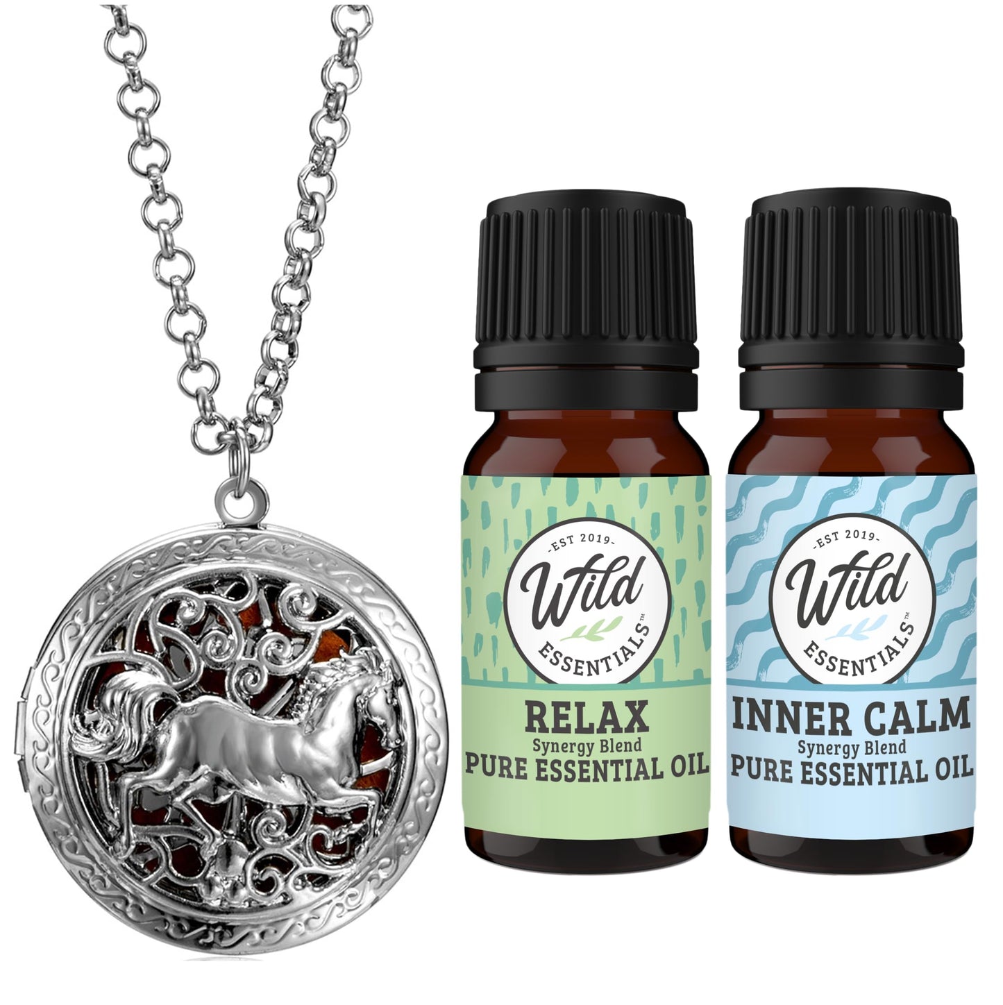 Wild Essentials Wild Horse Essential Oil Diffuser Necklace Gift Set with Inner Calm & Relax Oils – Nickel Free Alloy Pendant with 12 Color Pads – USA Made Oils & Perfume Necklace – Family Company