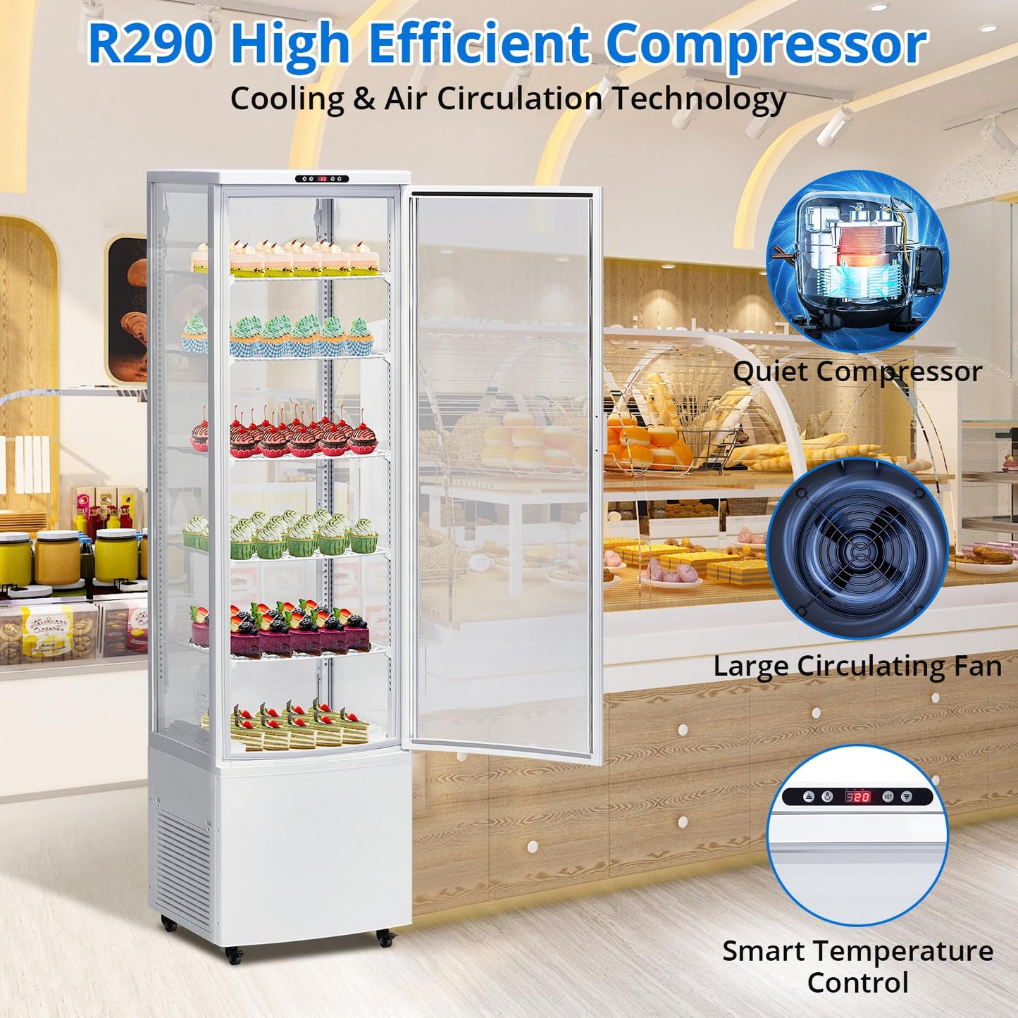 10.9 Cu.ft Commercial Display Refrigerator Case, 5-Tier Countertop Pastry Display Case, Adjustable Shelves, LED Lighting, Double-Layered Glass, Auto Defrost, for Bakery, Pastry, Restaurant, Cafe