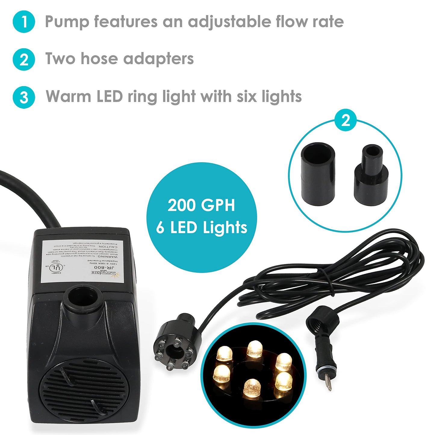 Sunnydaze 200 GPH Submersible Water Pump – 12W, 12V Small Fountain Pump with Adjustable Flow, White LED Light & Transformer for Outdoor Fountains, Bird Baths, Aquariums