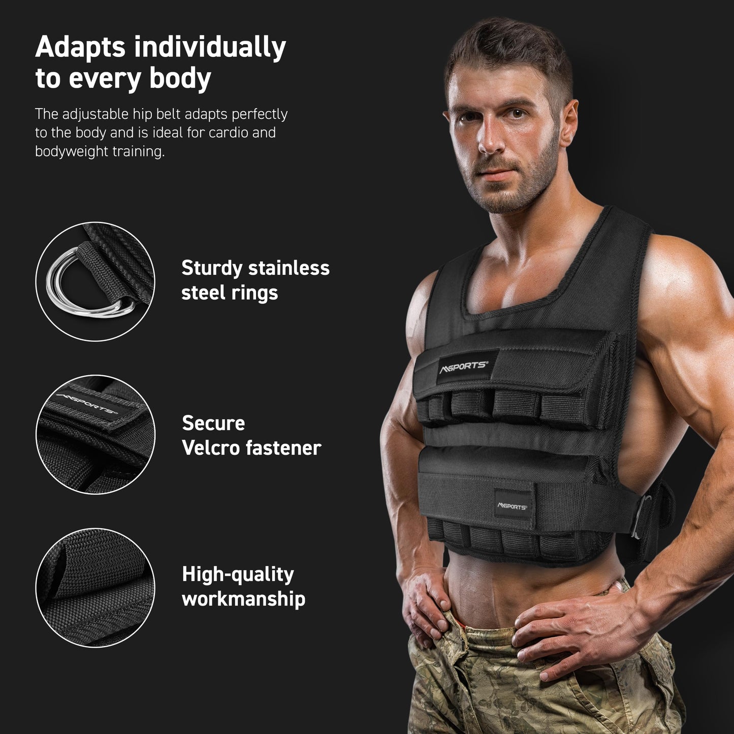 MSPORTS Premium Weighted Vest for Women & Men – Adjustable 11–65 lb, Running Vest, Walking Weighted Vest, Tactical Style Training Vest for CrossFit, Strength, Cardio & Home Workouts (Black, 65 lb)