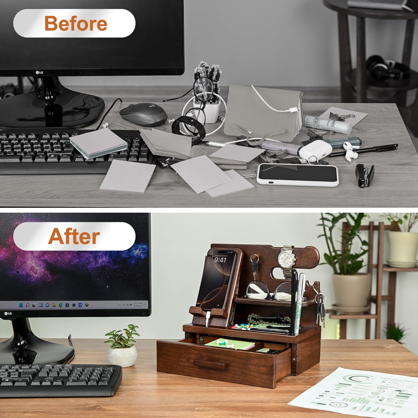 TESLYAR Wood Phone Docking Station with Drawer - Nightstand Organizer - Desk Organizer for Husband - Birthday Gifts for Men, Dad, Anniversary, Key Holder Stand Watch, Accessories (Chocolate Brown)
