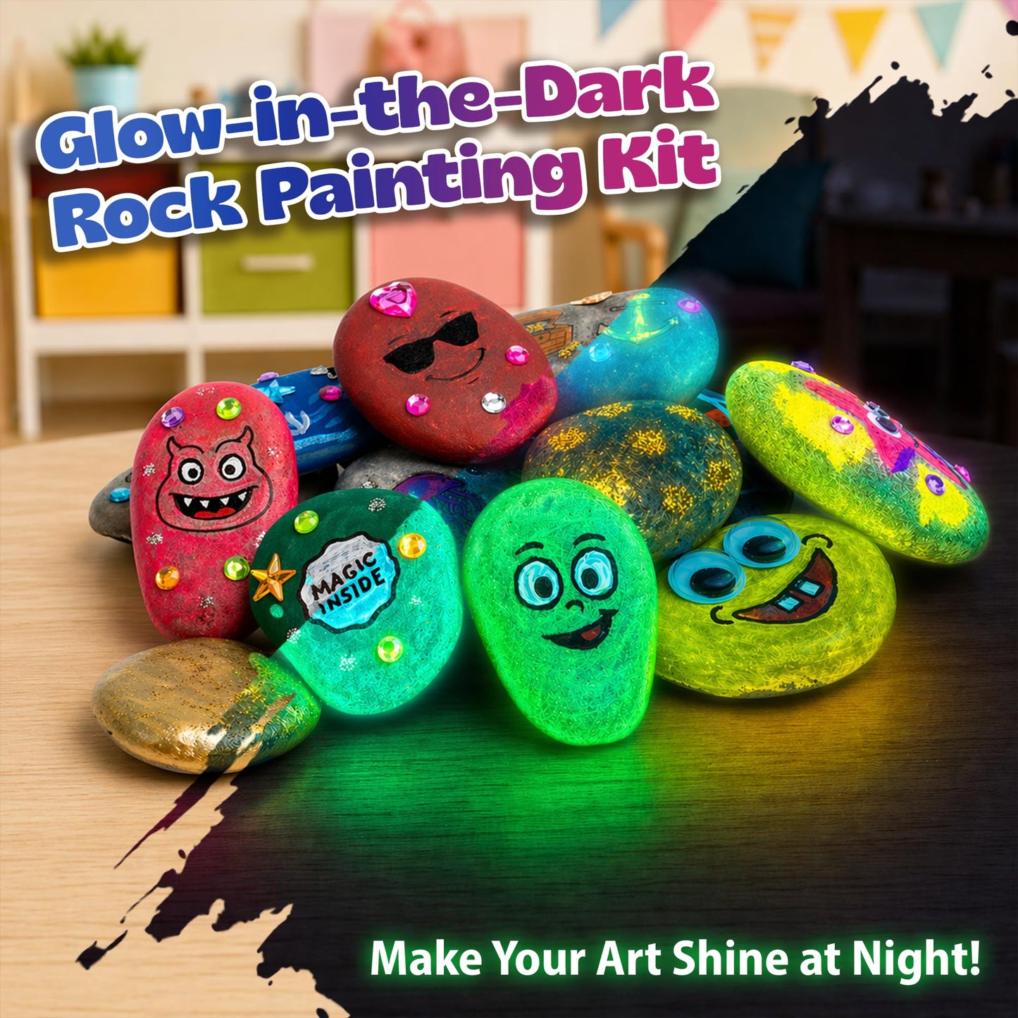 Pinwheel Crafts Glow in the Dark Rock Painting Kit with Interactive AR Storybook – 128pc Arts & Crafts Set for Kids – Augmented Reality Educational Toy for Boys & Girls Ages 6-12