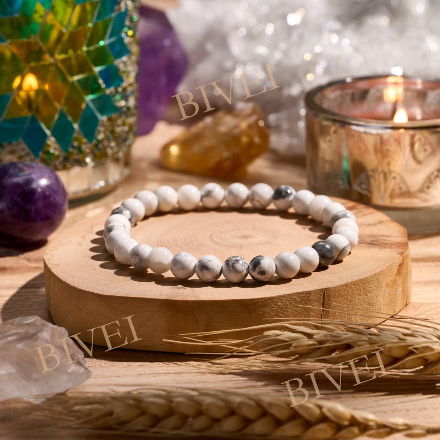 Bivei Howlite - Calm & Clarity - 6mm Beaded Bracelets for Women Handmade Semi Precious Natural Stone Stretch Elastic Jewelry for Women Yoga Protection Gifts