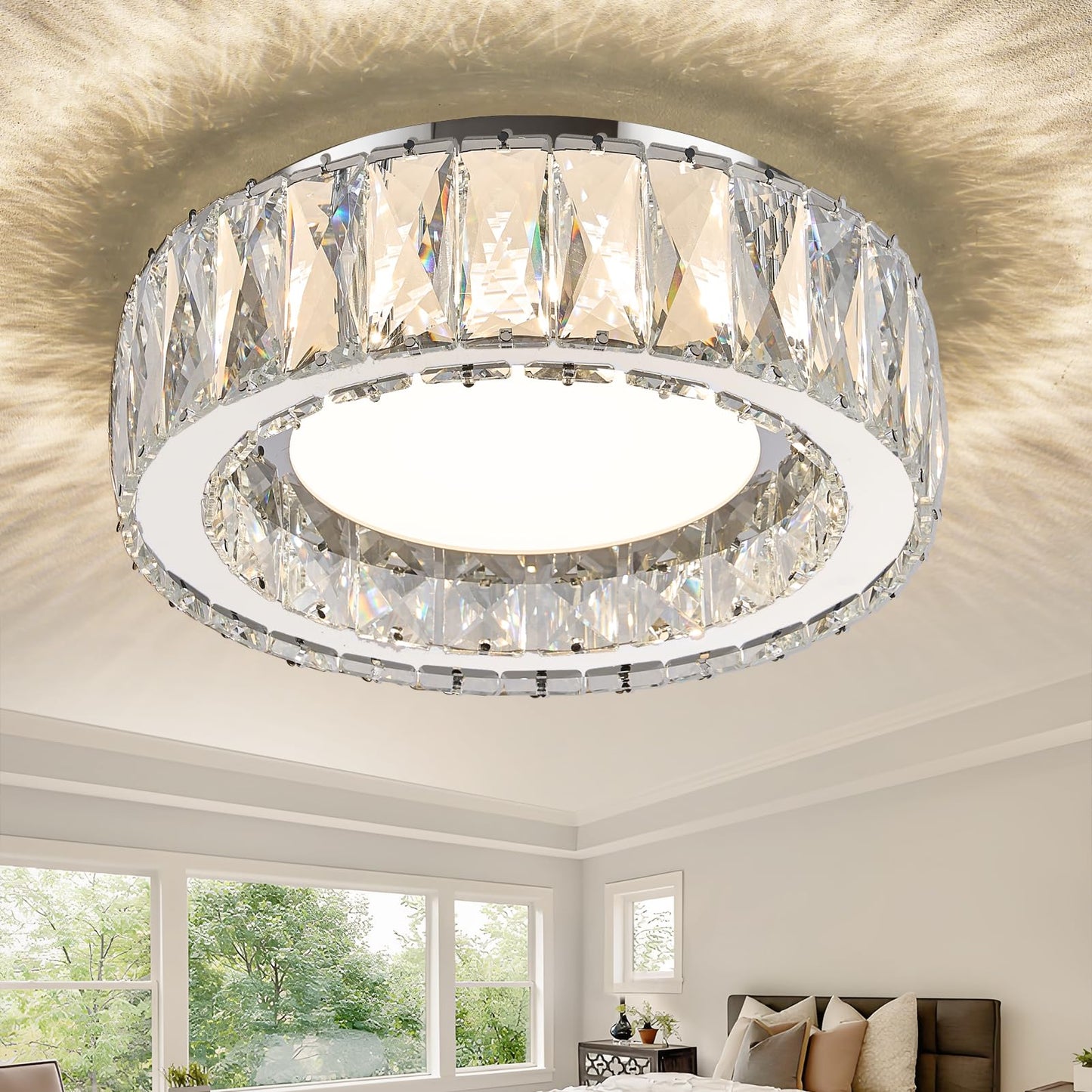 Gisisee 11 Inch Chrome Modern Luxury Crystal Flush Mount Ceiling Light Fixture,5CCT 3000K-6000K 24W,Round Small Dimmable Led Chandelier Hallway Lighting for Entryway,Kitchen,Bedroom,Laundry Room