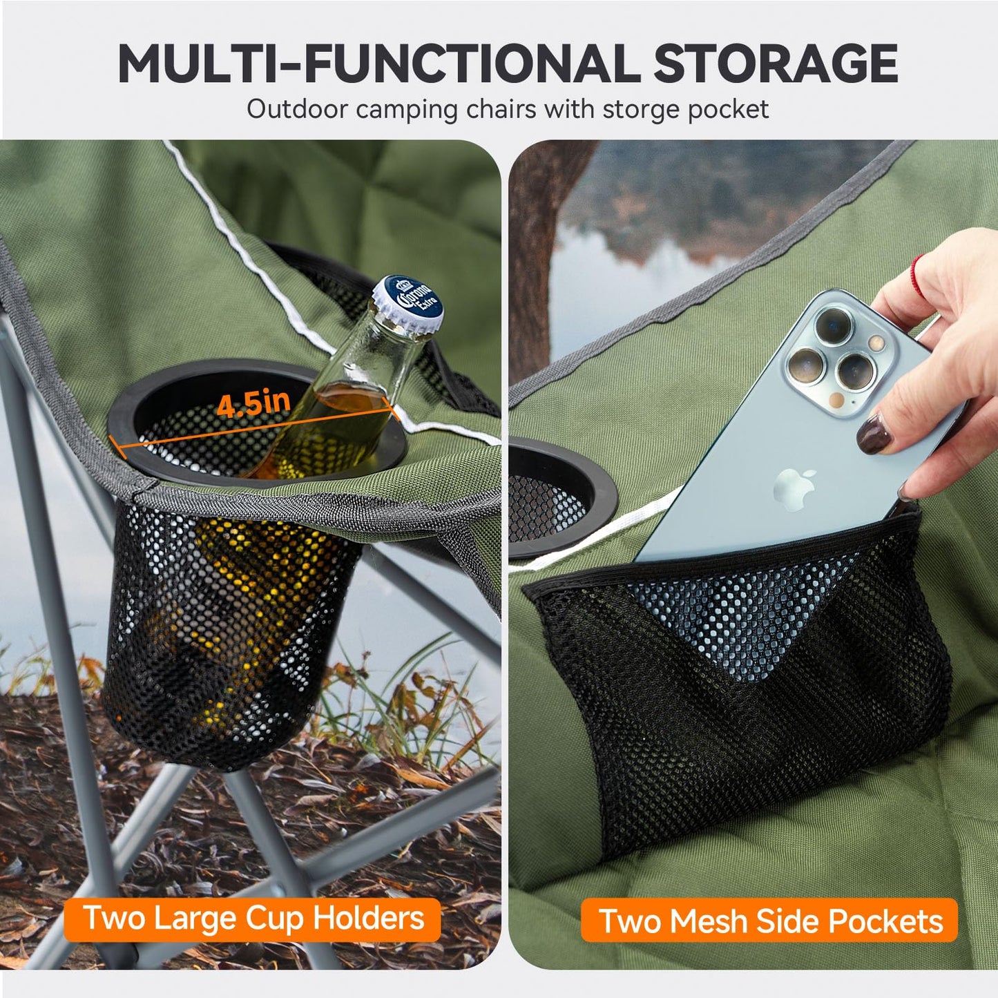 Heated Oversized Camping Chair for Adults Portable Folding Padded Chair with 3 Heat Levels Cup Holder Side Pocket and Carry Bag for Camping Outdoor Sports Picnic Green 2 Pack Set Supports up to 450lbs