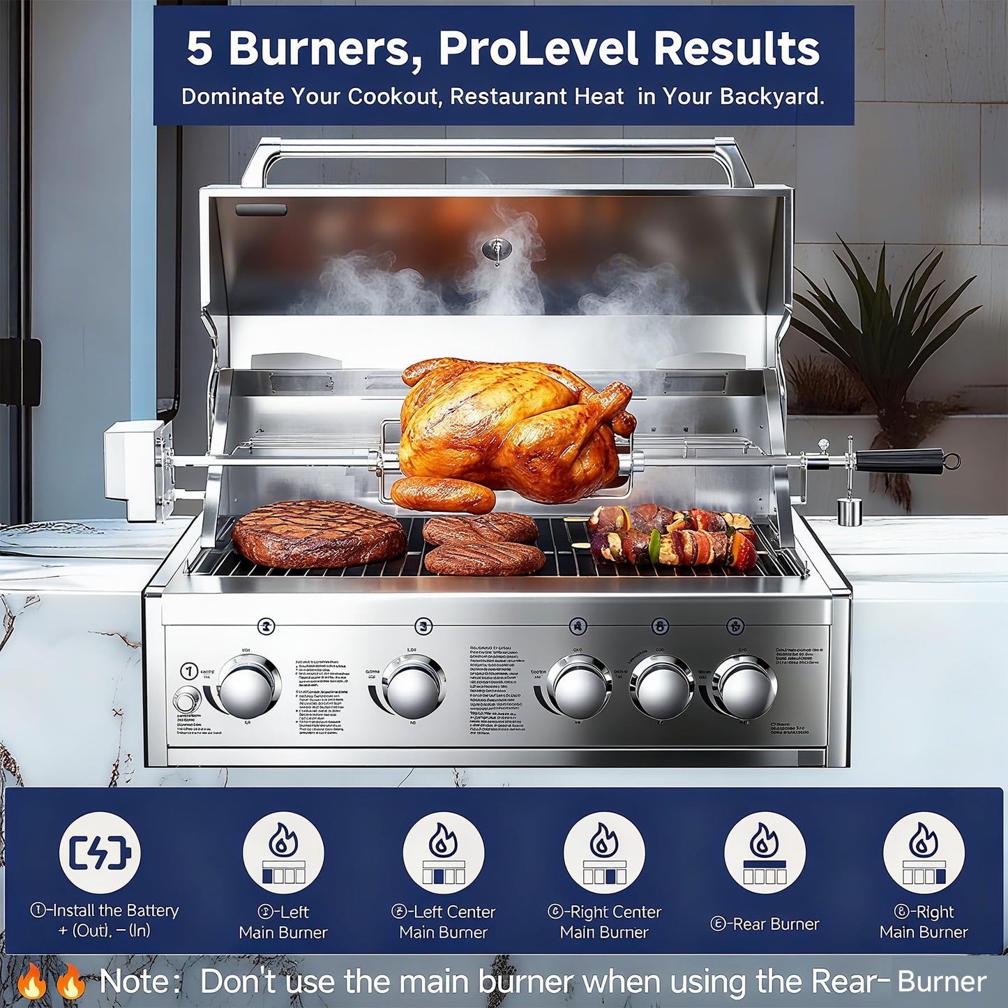 BODEGA 5 Burner Built In Gas Grill Island Head, Stainless Steel 30 Inch Propane Grill with Rear Burner, 58000 BTUs, 988.5 SQ In Racks, Dual Fuel Compatibility, Gas Grill Outdoor Cooking, BBQ Fork Kit.