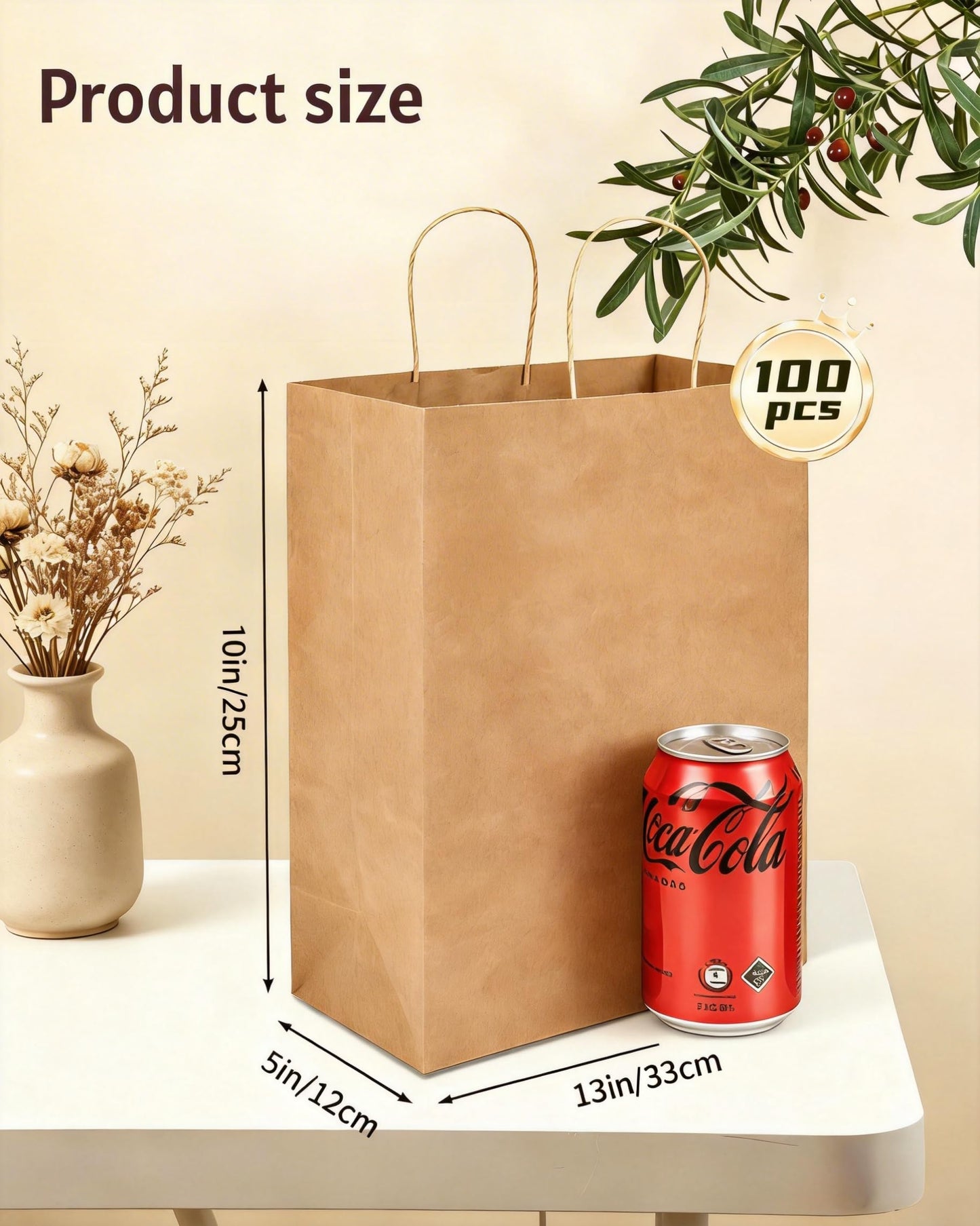 Amazingcraft 100-Pack Large Kraft Paper Bags 10"x5"x13" (25x13x33 cm), Brown with Handles, Ideal for Retail, Wedding Favors, Party Gifts, Boutiques, Bakeries, and Business Events