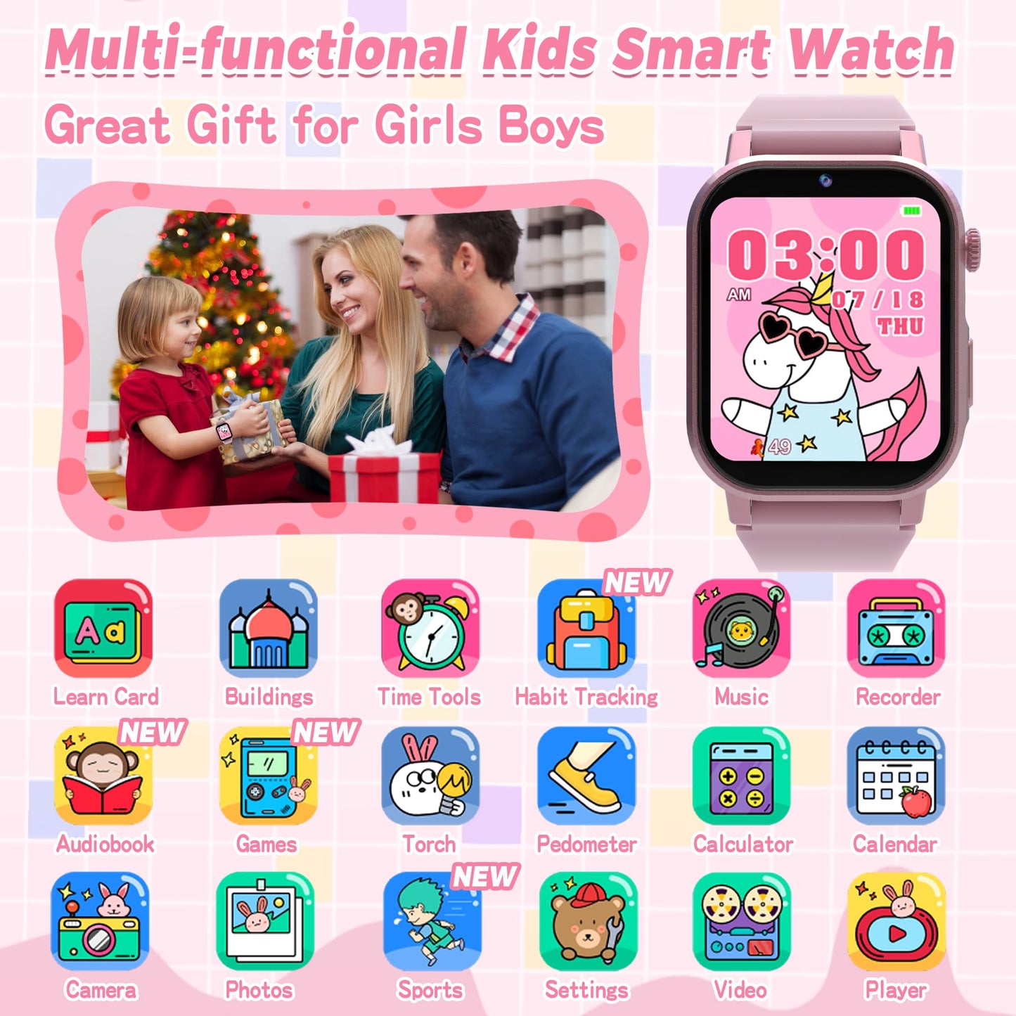 Kids Smart Watches Girls Gift Age 3-12, Kids Watch with 32 Games HD Touchscreen Camera Video Music Audiobook Pedometer Flashlight 12/24 hr Educational Toys Birthday Gift for Girls Ages 5 6 7 8 9 10