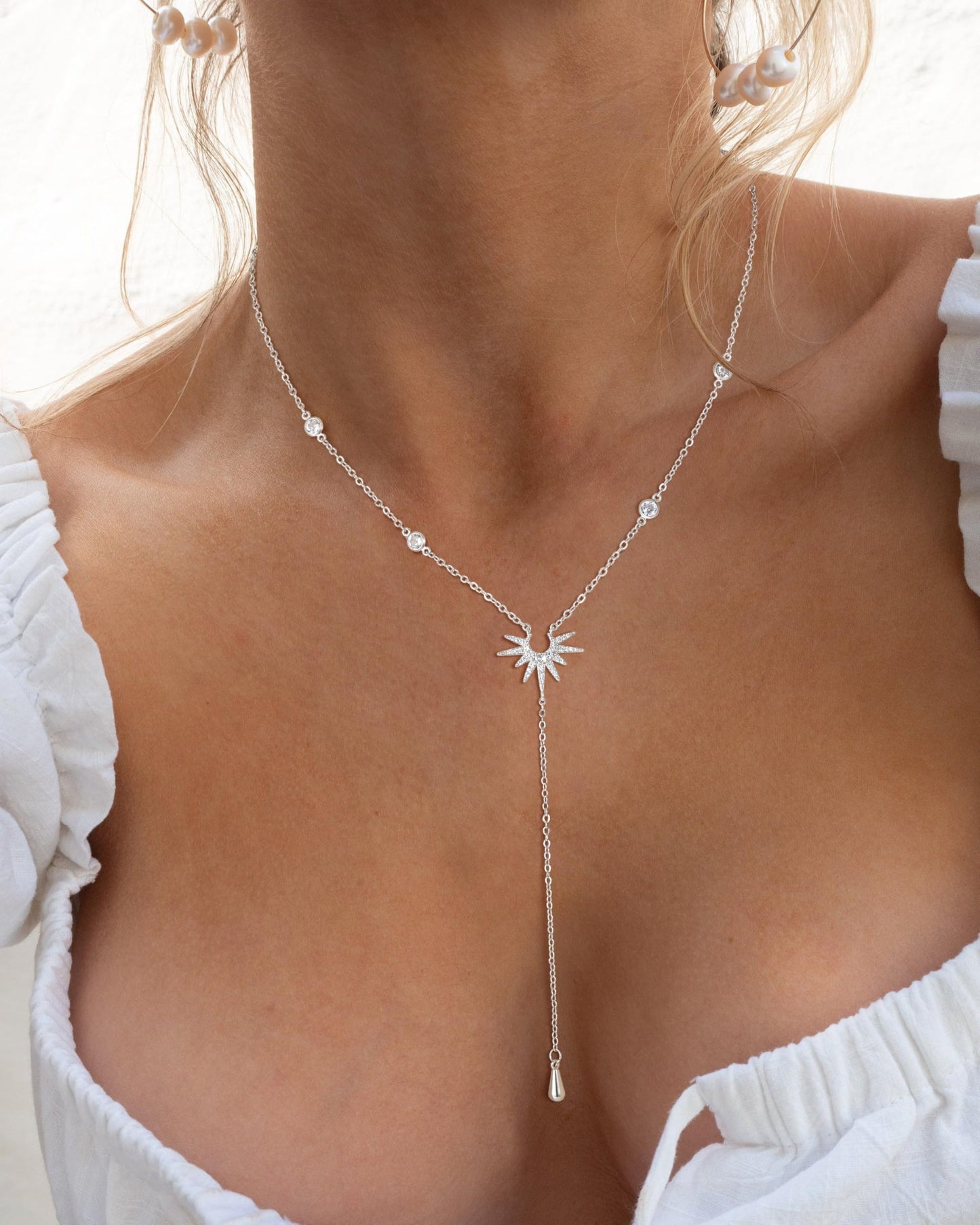 CHESKY Sliver Plated Long Necklaces for Women Trendy, Dainty Lariat Necklace Statement Prom Necklace Simple Pendant Y-Shaped Necklace CZ Fashion Jewelry