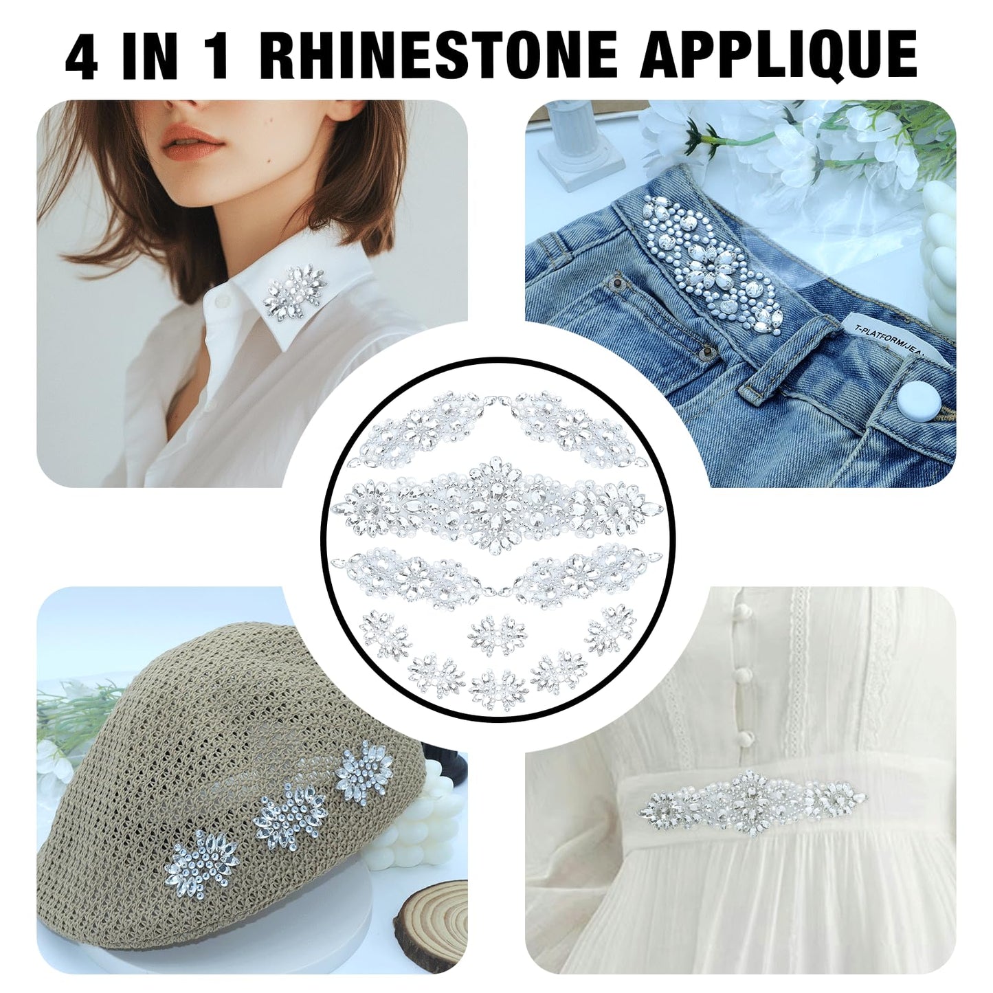 PEARLY JUN 11 Pcs Silver Rhinestone Applique Patches Pearl Rhinestone Patches Iron on Appliques for Dresses Hand Sewing Craft Projects DIY Wedding Clothes Shoes Hats Bags Embellishments
