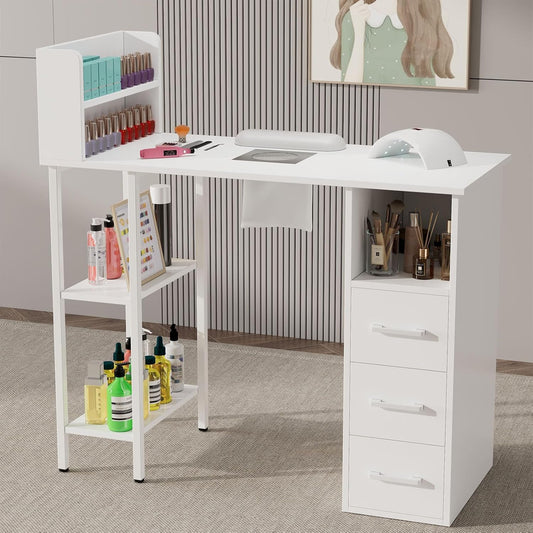 Annzoe Professional Nail Tech Desk – Nail Table for Nail Tech with Electric Dust Collector, 3 Drawers, Storage Cabinets & Shelves, White Manicure Station
