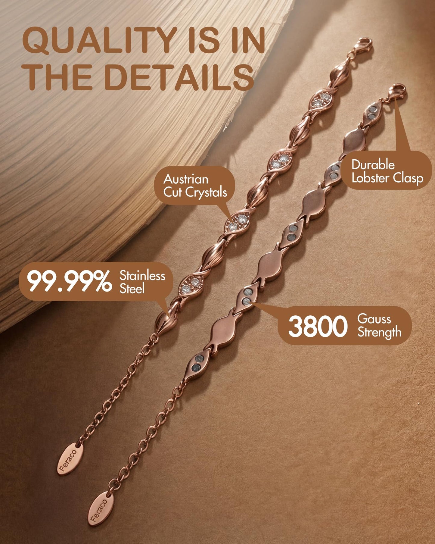 Feraco Pure Copper Bracelets for Women, Ultra Strength Magnetic Bracelet for Women with 3800 Gauss Magnet & Dazzling Austrian Crystals Stone, Copper Jewelry Gift (Rose Gold)