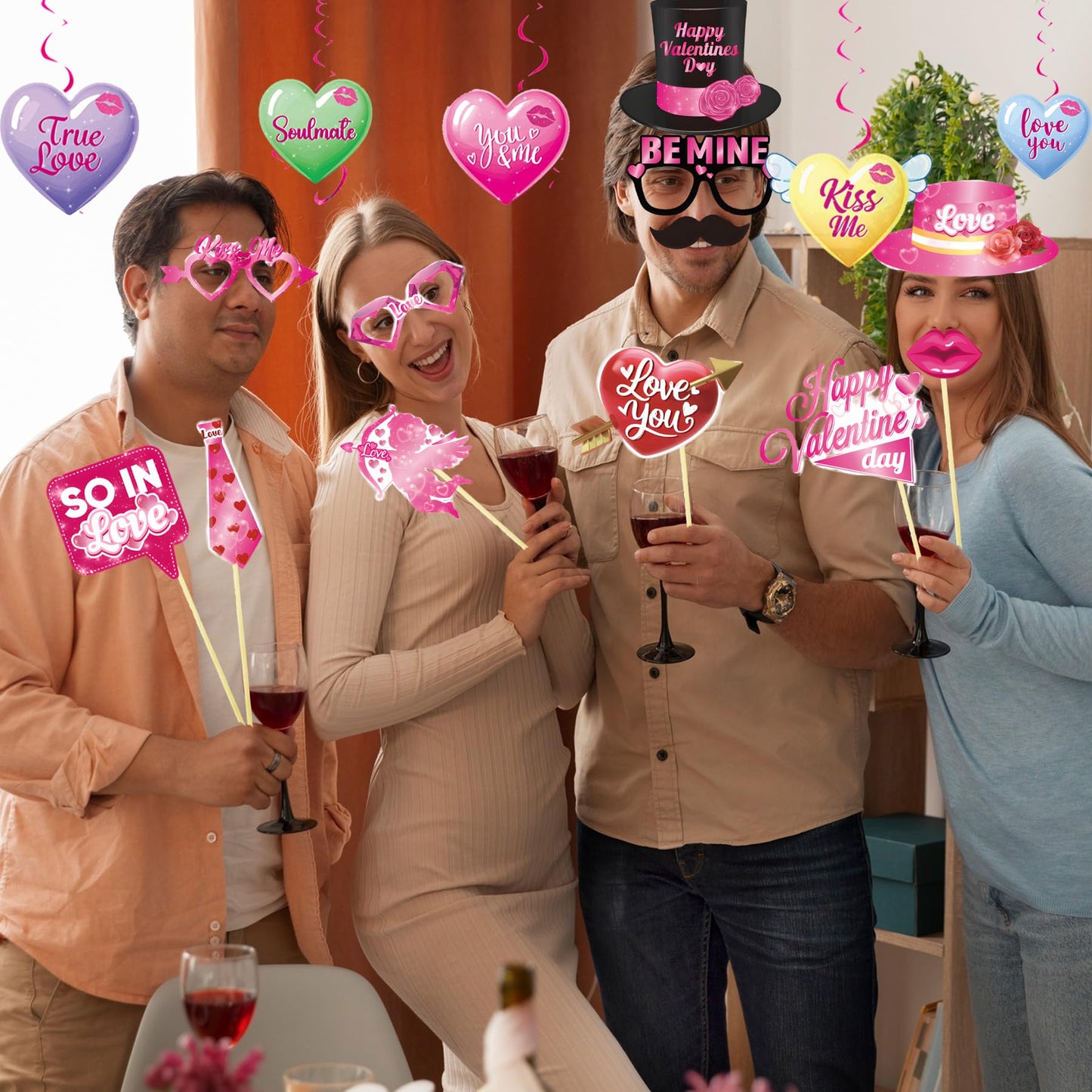 56 Pcs Valentines Party Decorations Kit, Happy Valentine’s Day Banners Hanging Swirls and 30 Pcs DIY Selfie Photo Props Party Supplies, for Wedding Party Home Office Ornaments