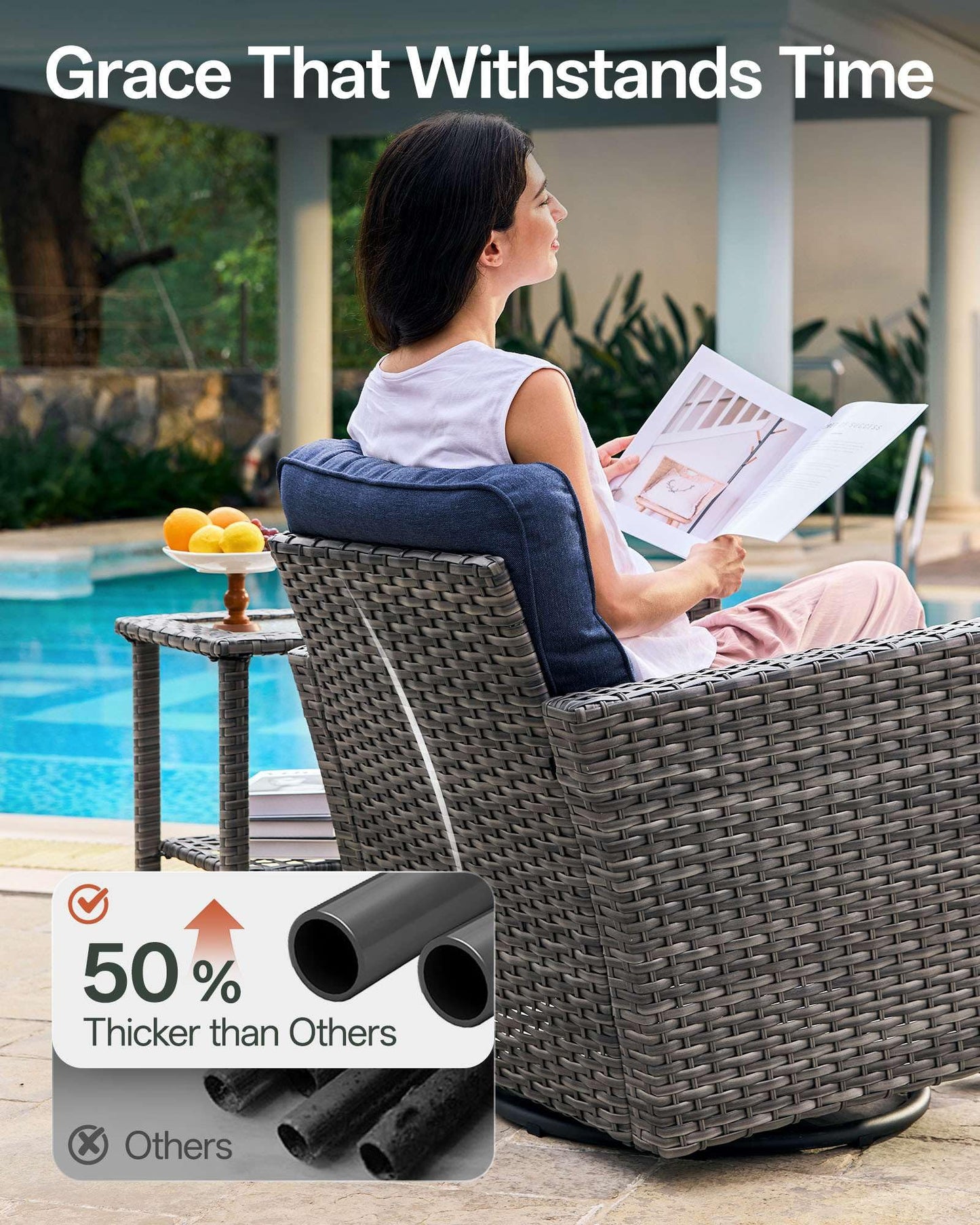 NUSBAY Luxury 7-Piece Patio Furniture Set with 6-Inch Thick Cushions, Outdoor Couch and Swivel Rocker Chairs, Wicker Conversation Set for Porch, Deck, Yard, Pool in Blue