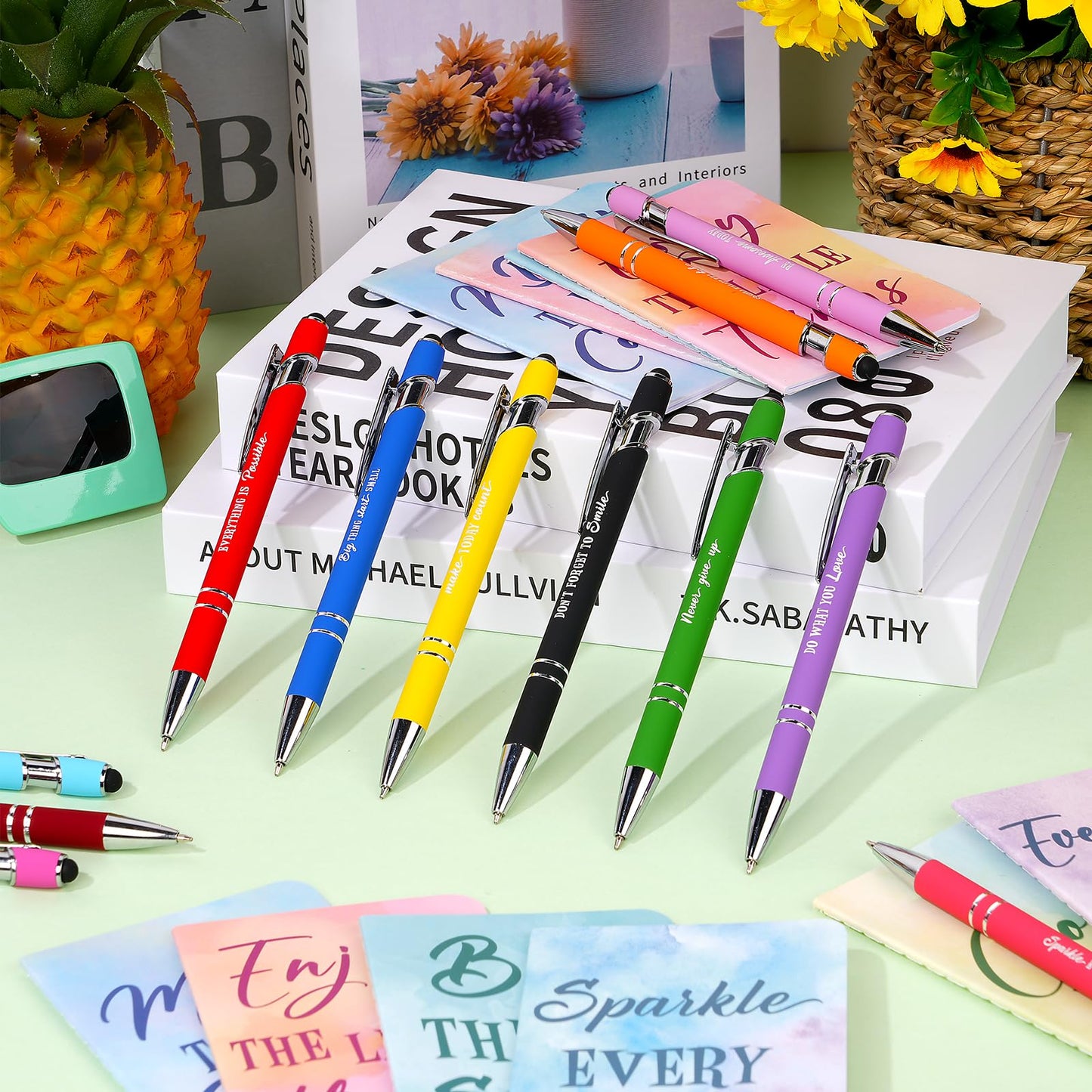 48 Pcs Watercolor Bulk Motivational Pens Inspirational Notepads Set, Pocket Motivational Quote Notebooks Ballpoint Pens, Mini Journals Gift Set for Kids Students Teachers School Office Prizes Supplies