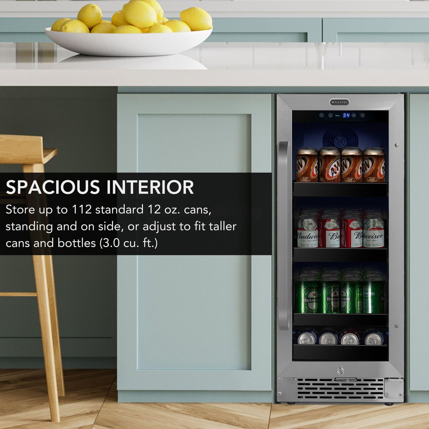 Whynter BBR-838SB Built-in Under Counter 15 inch Beverage Refrigerator and Cooler Fridge with Glass, Lock, Reversible Door, Digital Control and Carbon Filter, 3.0 cu. ft, Stainless Steel, 112 Capacity