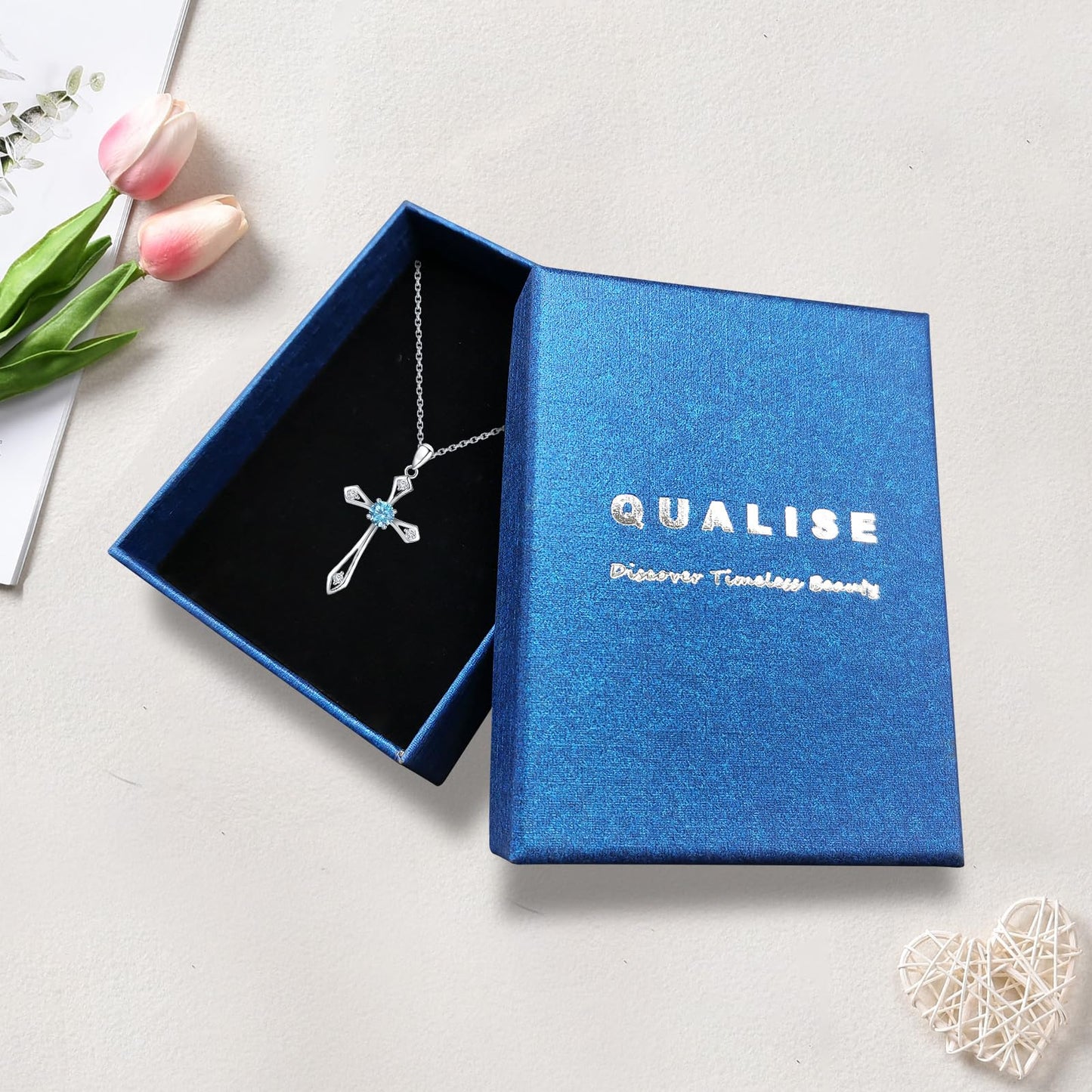 Cross Necklace for Women ,925 Sterling Silver Birthstone Necklace,Aquamarine-March Birthstone Cross pendant jewelry,Faith Religious Fine Jewelry Valentines Day Gifts Birthday Holiday Gifts for Her