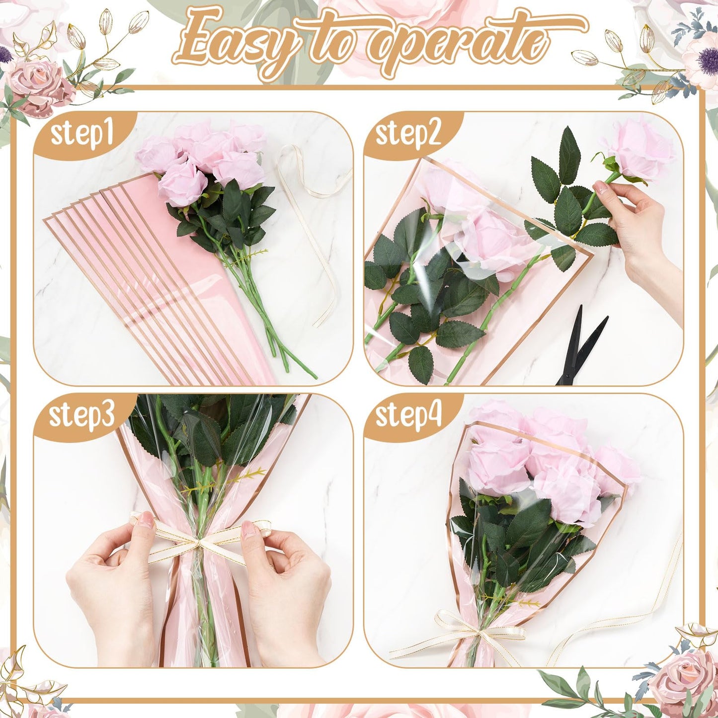 YooNotee 60 Pcs Flower Wrapping Bags for Valentine's Day Bouquets Supplies 17.7 x 10.9 Inches Plastic Flower Bouquet Sleeve Clear Front Floral Wraps with Ribbons for Graduation Party (Pink)