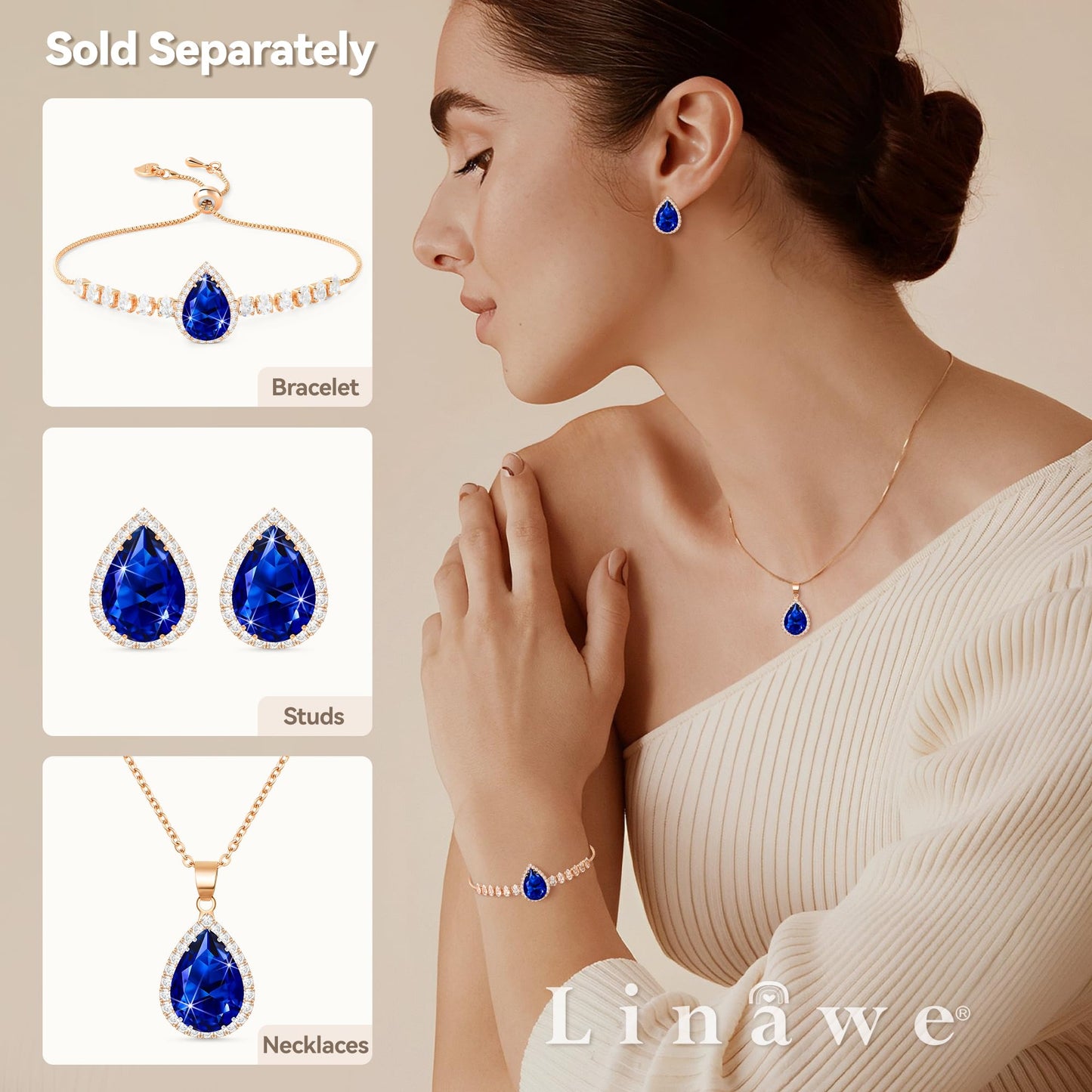 Linawe Rose Gold Sapphire Crystal Navy Blue Imitation Diamond Pendant Necklace for Women Trendy, Cubic Zirconia Moonstone Moissanite Boho Wedding Bride Jewelry Set