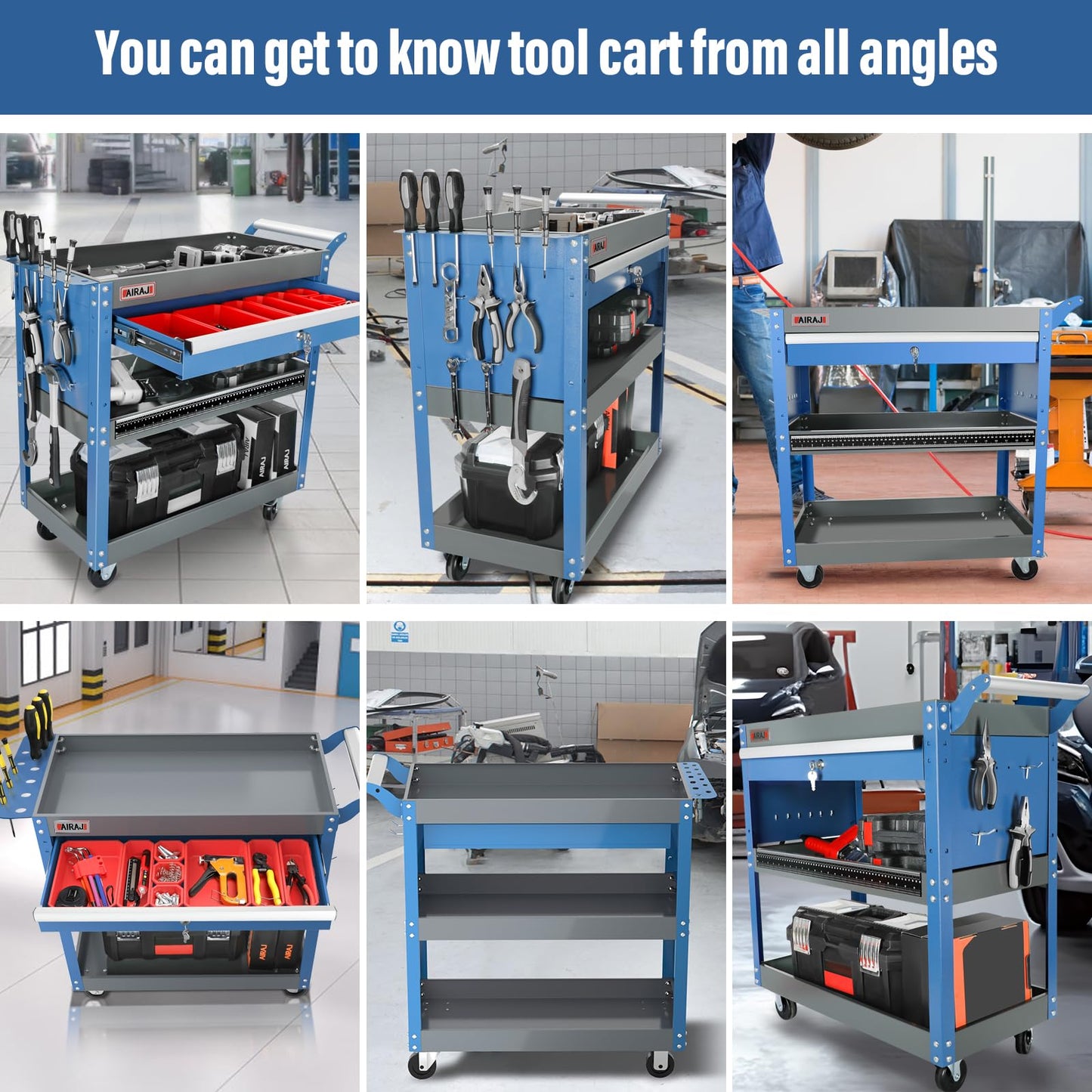 AIRAJ 3 Tier Rolling Tool Cart on Wheels | Mechanic Tool Cart with Drawers | Utility Carts for Garage,Repair Room,Warehouse Workshop | Work Carts with Hooks,Liners,Tray Dividers,Brake | Blue