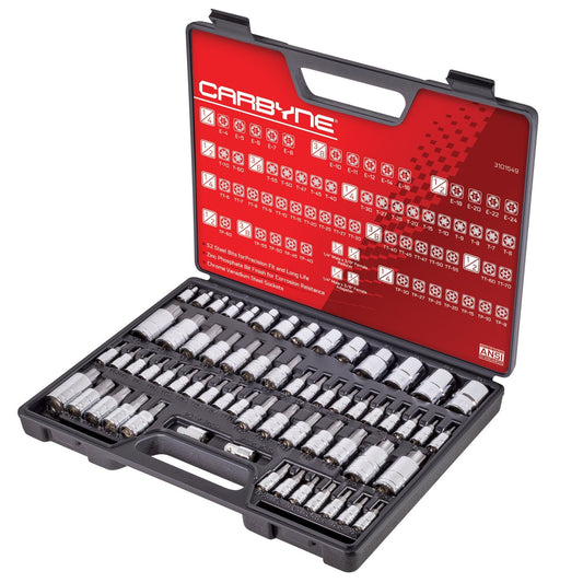 CARBYNE 62-Piece Master Torx Bit Socket Set & External (eTorx) Socket Set, Includes T6 - T70, TT6 - TT70, TP8 - TP60, E4 - E24| S2 Steel Bits, Cr-V Sockets, Durable Case | 1/4, 3/8, & 1/2 in. Drive