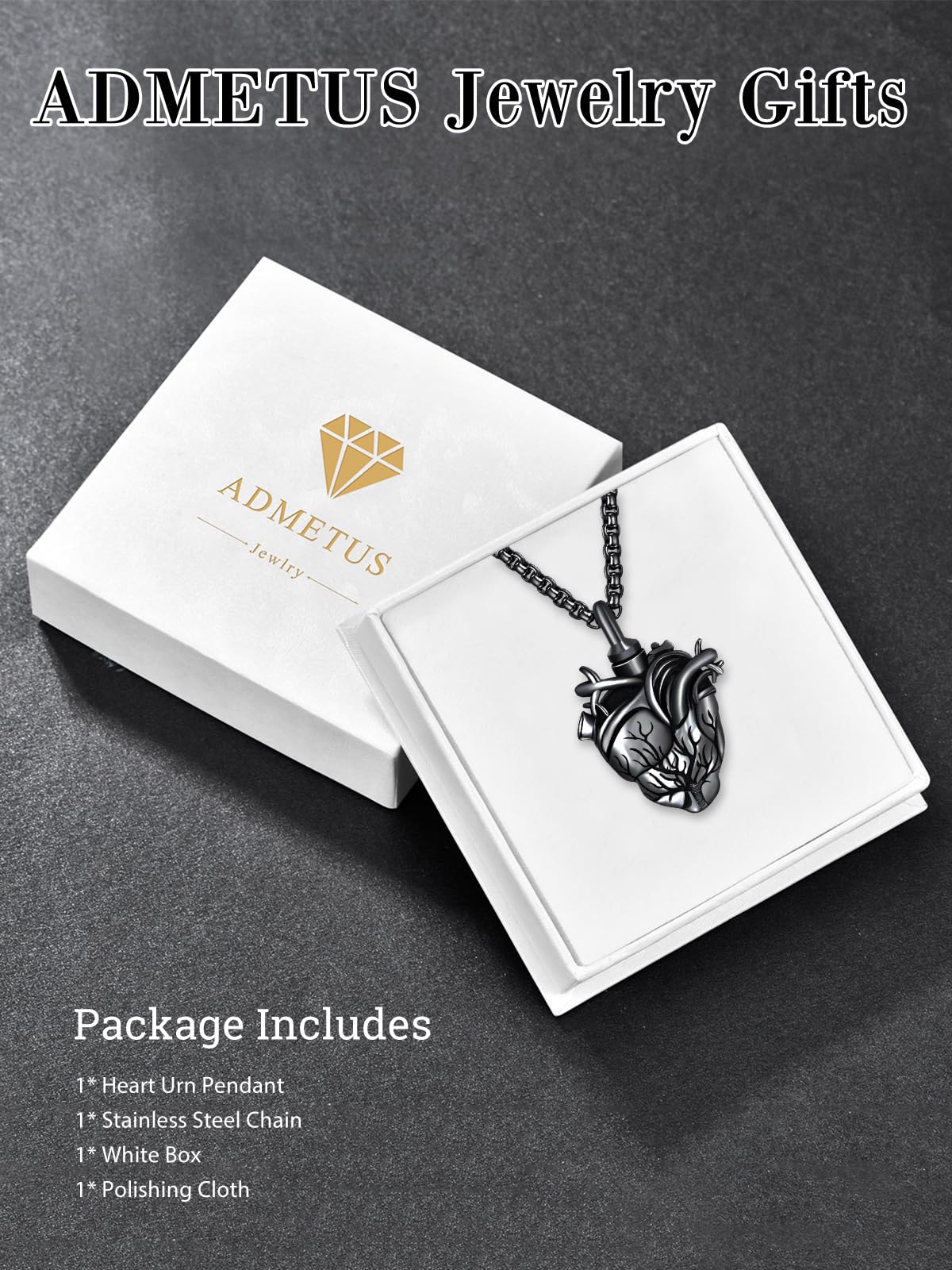 ADMETUS Tree of Life Urn Necklace for Ashes for Men Black Cremation Jewelry for Ashes Anatomical Heart Urn Keepsake Pendant Memorial Gifts