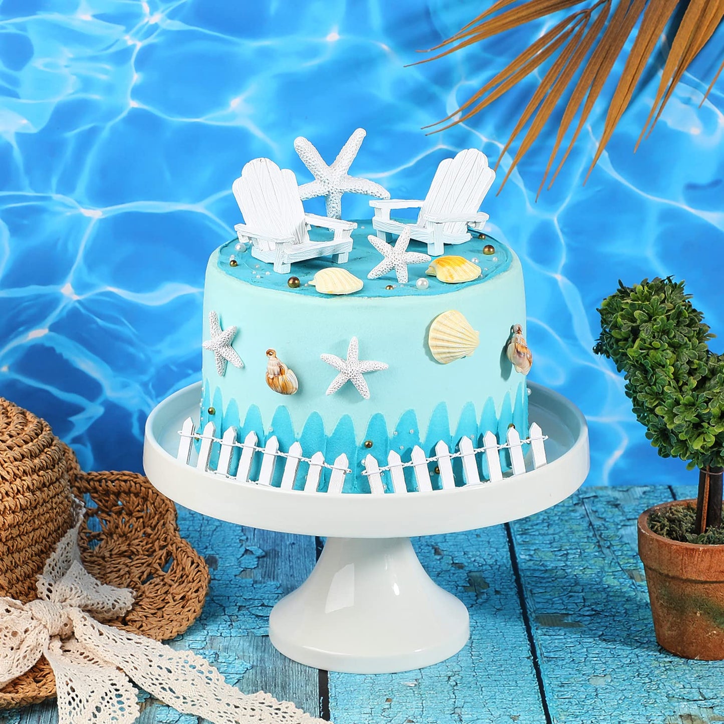 Qunclay 27 Pcs Hawaiian Beach Cake Topper Decorations Adirondack Chair Cake Topper Summer Mini Pool Seashell Decorations Mini Doll Furniture for Wedding Birthday Engagement Baby Shower Luau Party