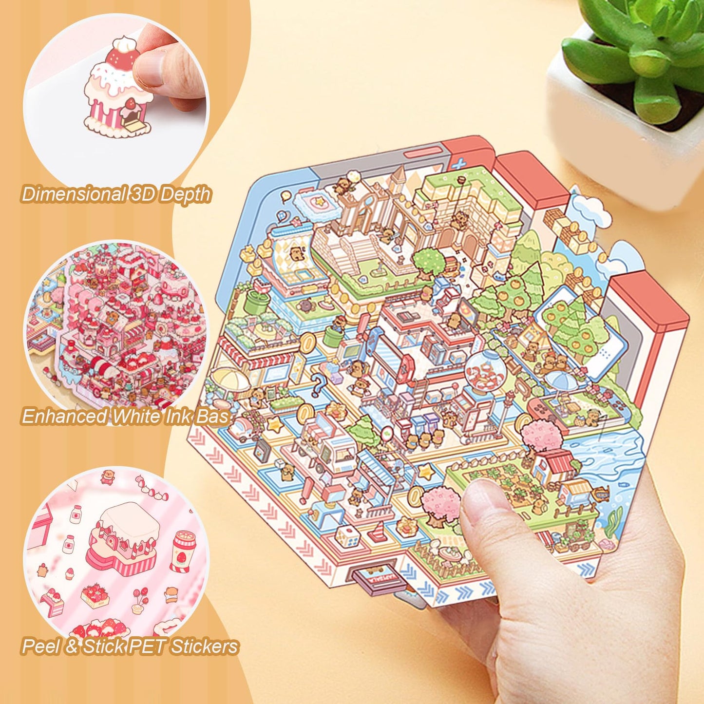 ZSYTZL 6 Sheets Large 3D DIY Stickers, Cute Waterproof Quiet Book with Capybara World Scene Decorating Mobile Phones Handbooks Water Bottle Stickers for Adult Teens-Capybara Book