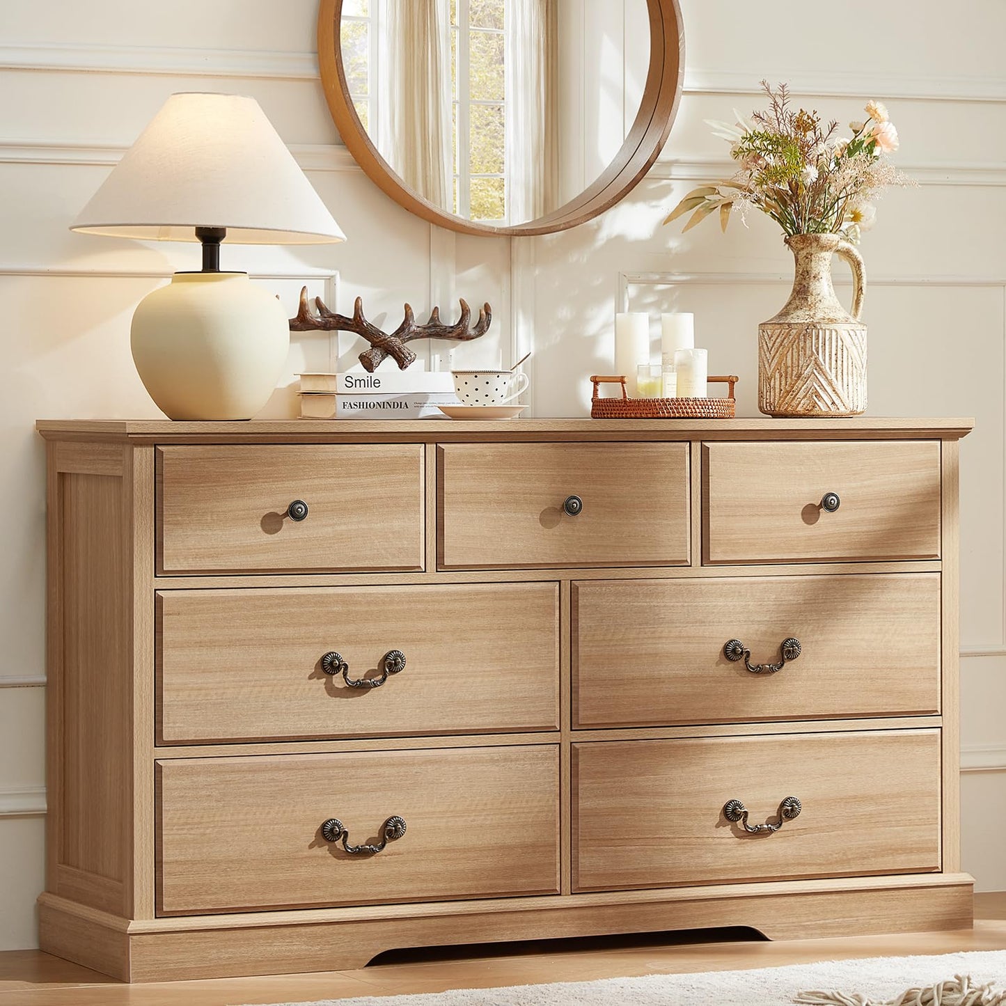 Senfarime Farmhouse 7 Drawer Dresser for Bedroom,57" Wide Wood Rustic Chest of Drawers,Farmhouse Chest of Drawers for Bedroom,Wood Drawer Organizer for Bedroom,Hallway,Natural