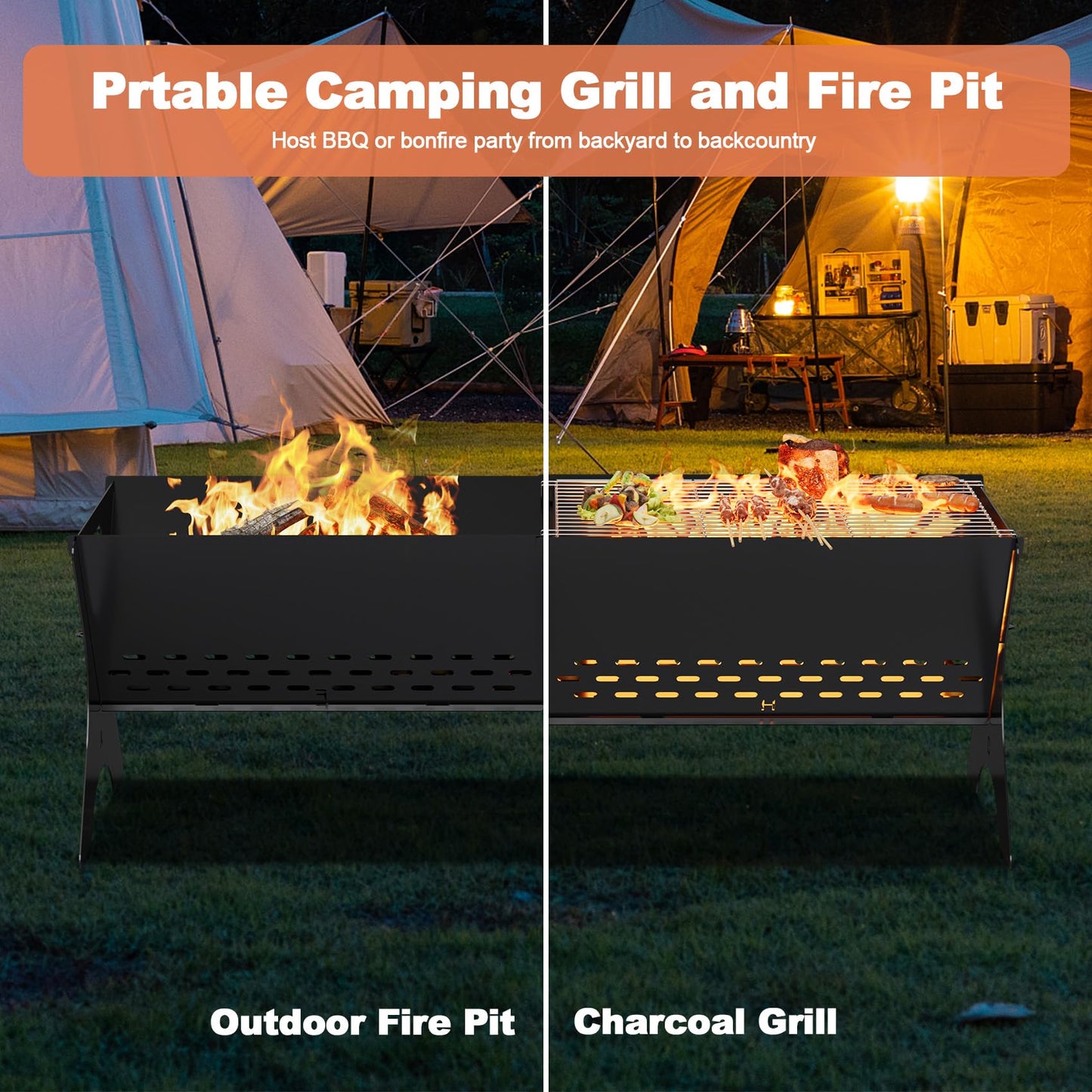 Bearfire Camping Campfire Grill 2 Packs | Portable Folding Charcoal Grills, Backpacking & BBQ Grill, Heavy Duty Firepit Grate Grill with Carry Bag for Outdoor Cooking, Bonfire, Patio, Backyard-31 Inch