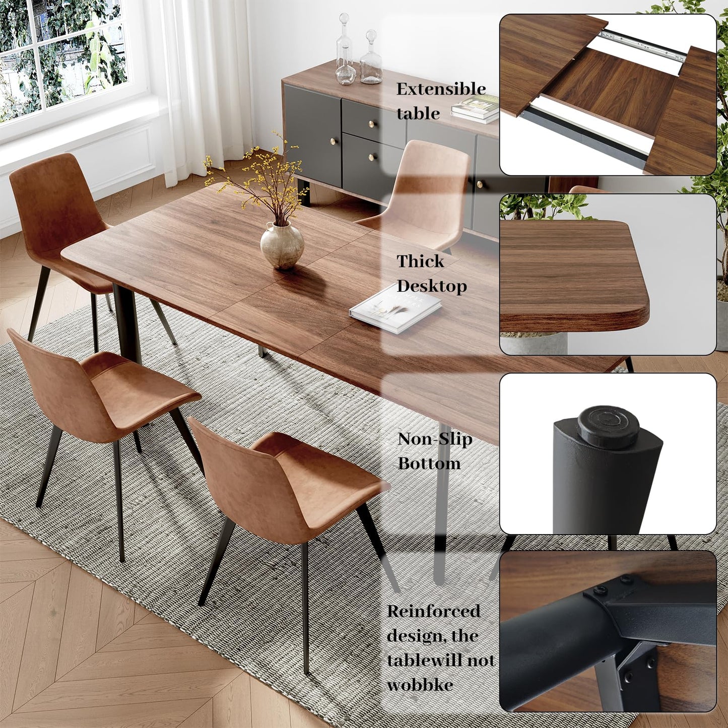 HIPIHOM 63"- 78.7" Extendable Dining Table Set for 8, Modern Kitchen Table with Dining Chairs for 6-8 Person, Thickened Expandable MDF Wooden Table with Metal Leg for Dining Room, Kitchen, Living Room
