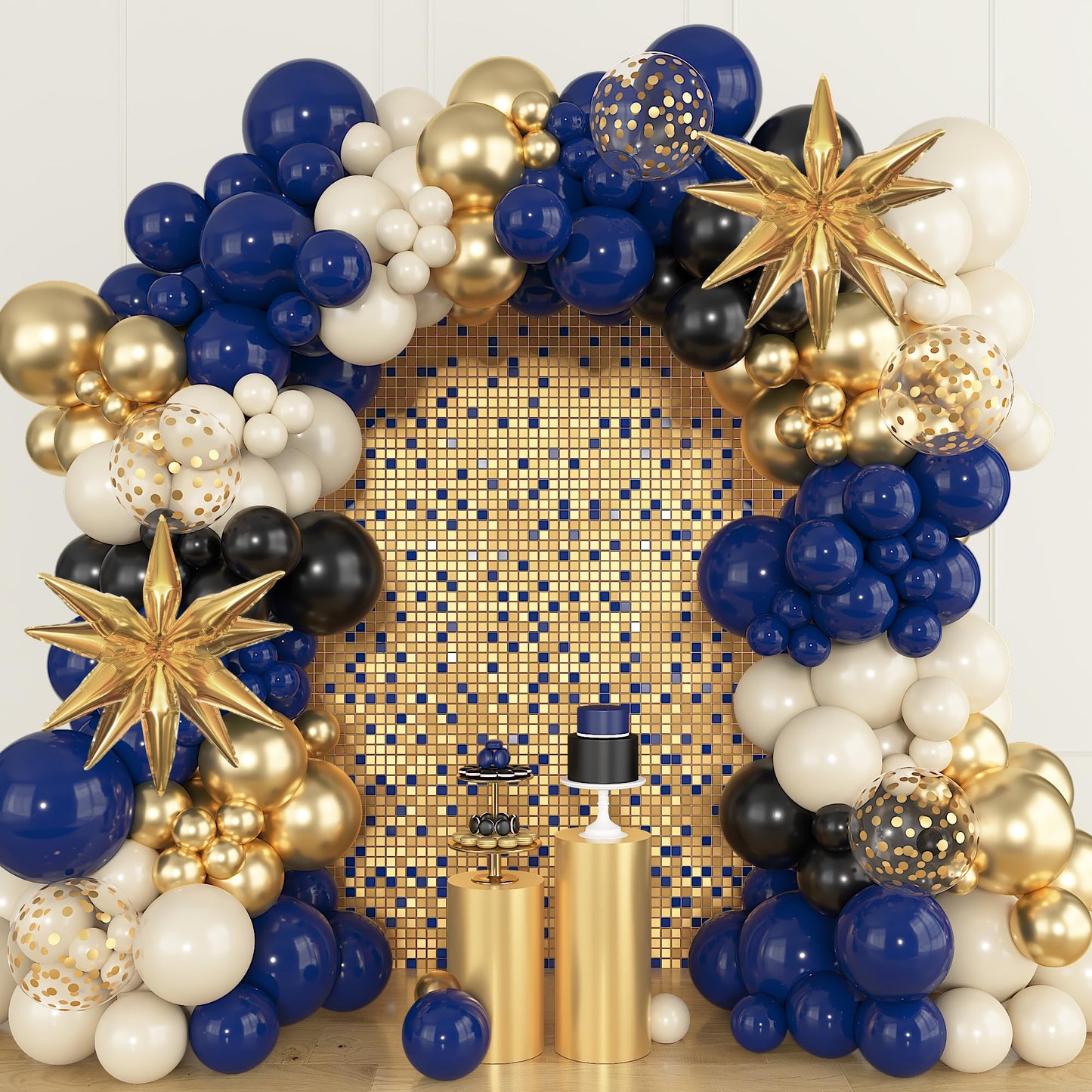 Amandir Navy Blue Gold Balloons Garland Arch Kit for Graduation Party Decorations, 145Pcs Gold Black Confetti Balloons with Foil Star for 2026 Graduation College Congrats Grad Class Birthday Supplies