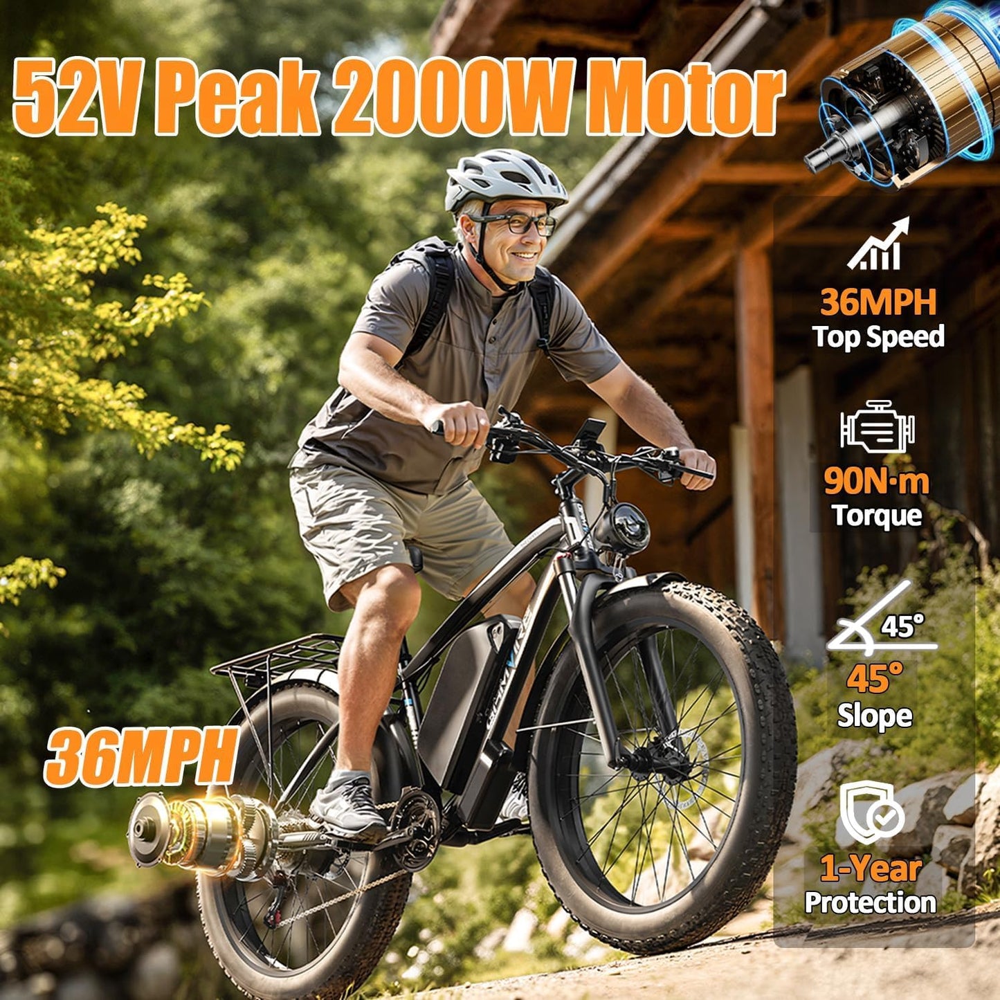 (24" V7 White) 52V 19.2Ah Battery Electric Bike for Adults, 1500W Peak 2000W EBike Up to 36 MPH and 70 Miles, Hydraulic Disc Brake, 21-Speed Off Road Snow Mountain Pedal Assist Fat Tire Fast E-Bike