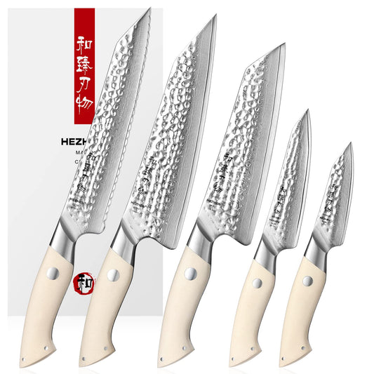 HEZHEN 5PCS Damascus Steel Kitchen Knife Set, 67 Layers Chef, Universal Peeling, Paring, Bread Knife, Ivory White G10 Handle Cooking Tools